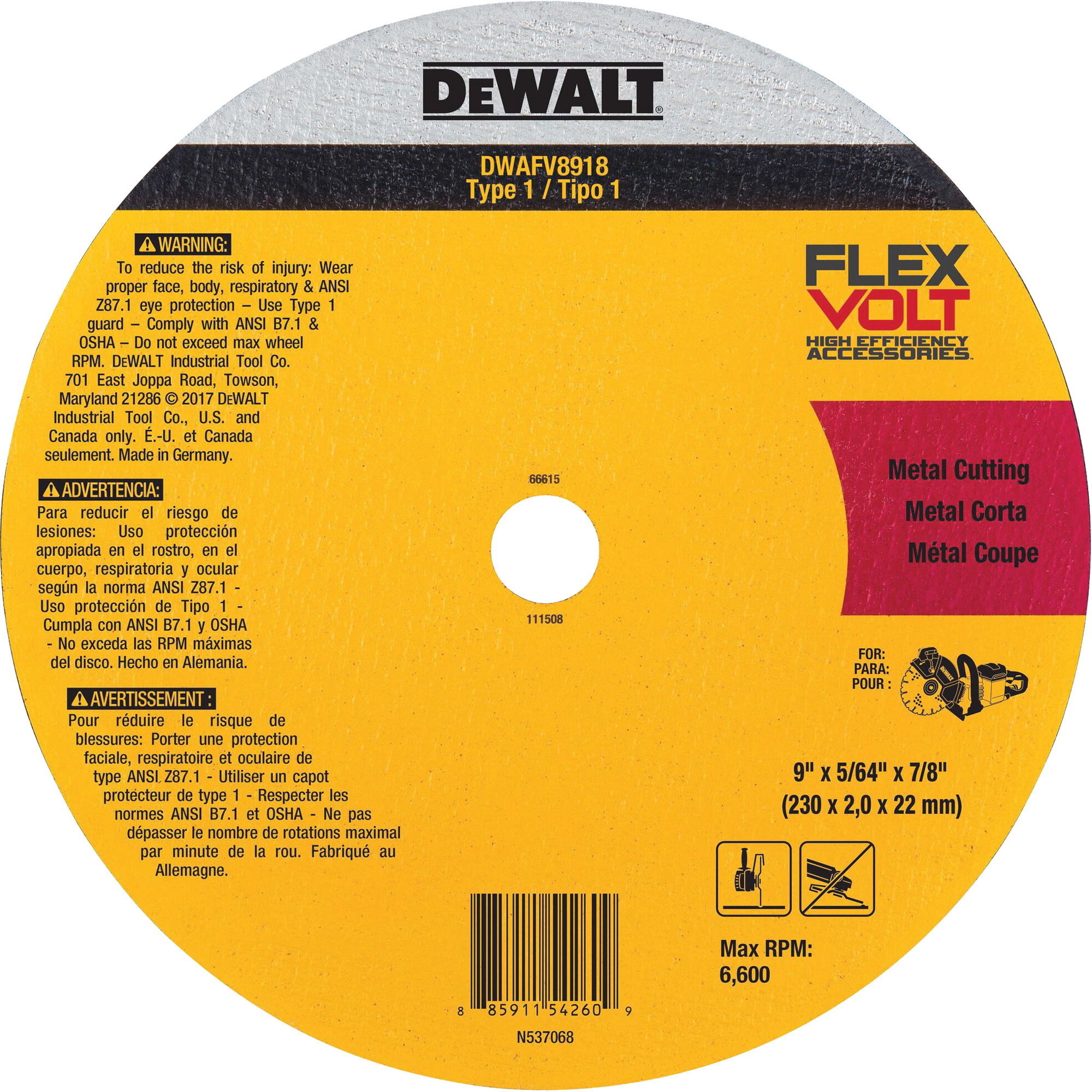 Meule de tronçonnage des métaux FlexVoltMD, 9-1/16" x 0,078", Arbre 22,23 mm, Céramique, Type 1