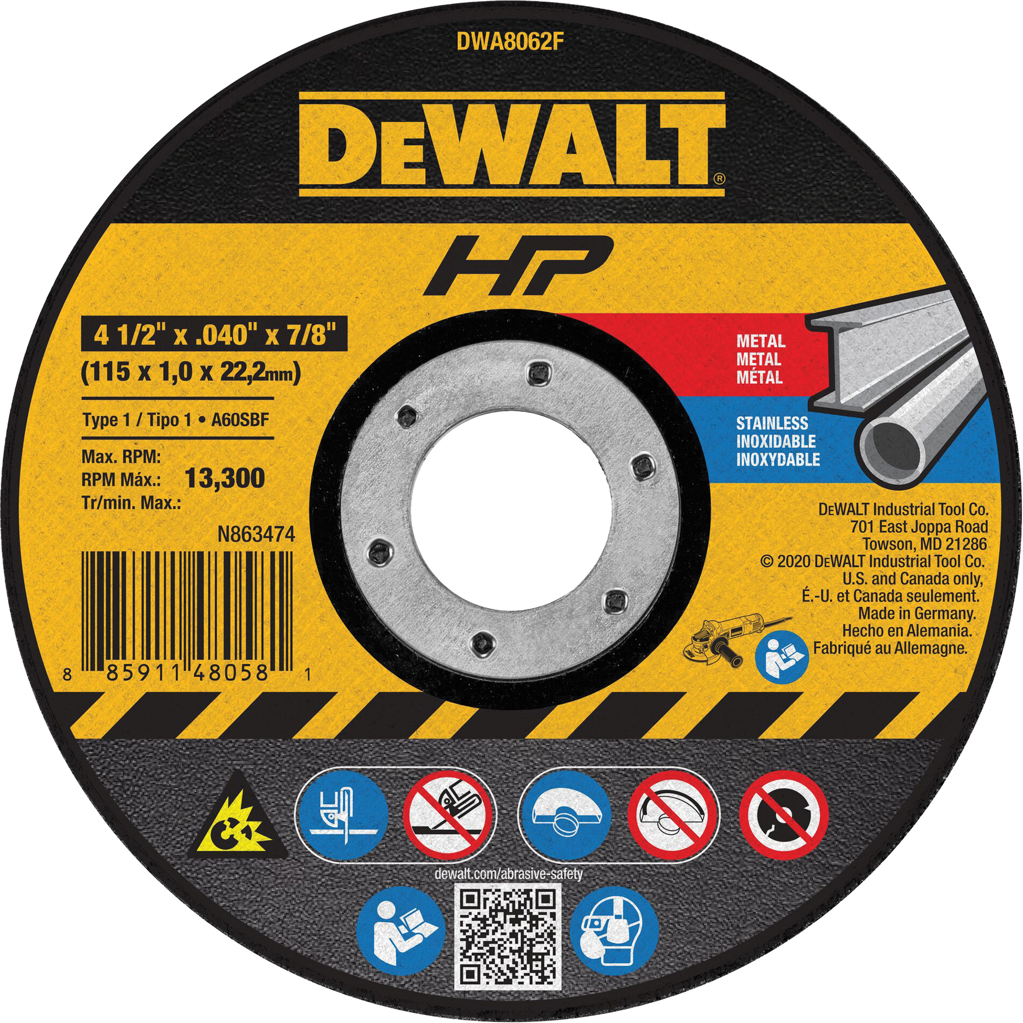 Meule de tronçonnage des métaux HPMC, 4-1/2" x 0,04", Arbre de 7/8", Type 1, Oxyde d'aluminium, 13 300 Tr/min