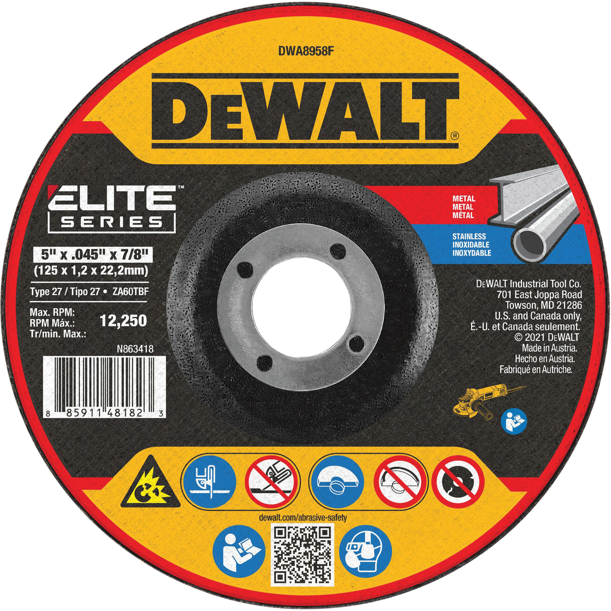Meule de tronçonnage des métaux série EliteMC, 5" x 0,045", Arbre 7/8", Alumine de zirconium, Type 27