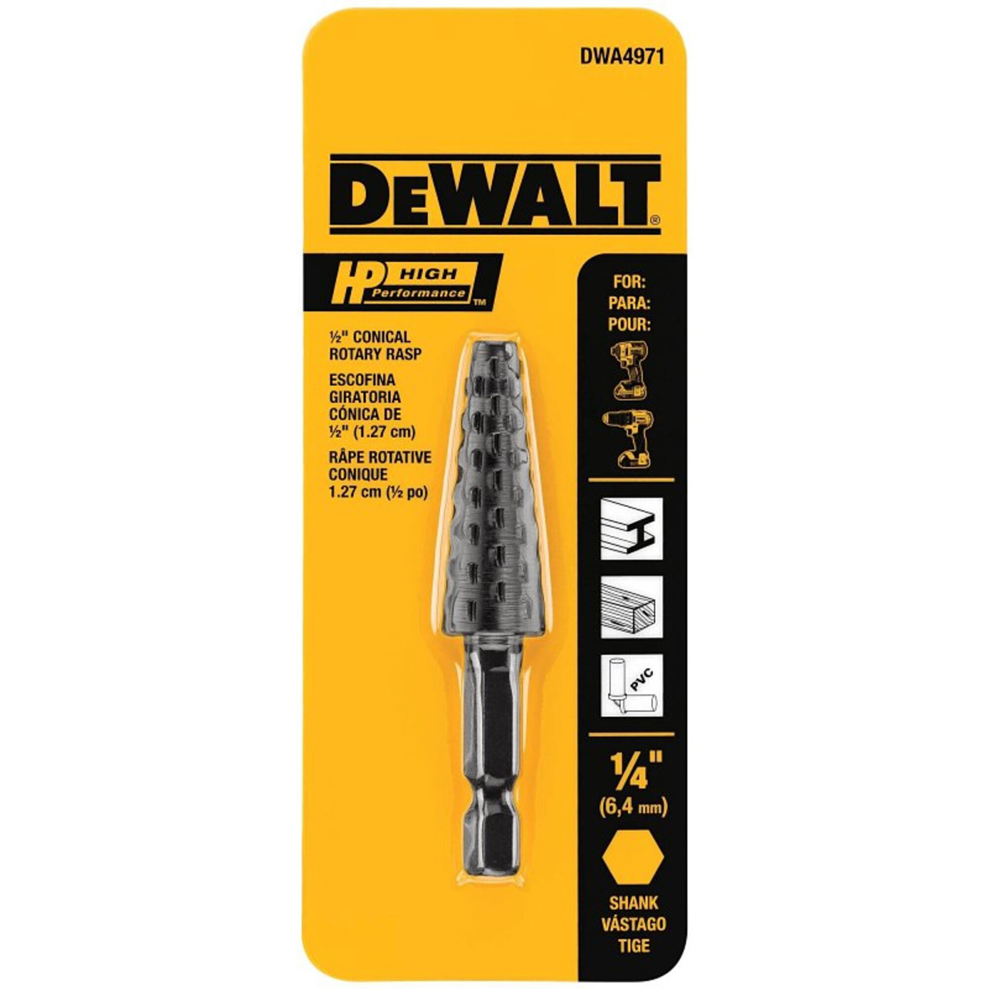 Râpe rotative conique haute performance 1/2" avec tige hexagonale 1/4"
