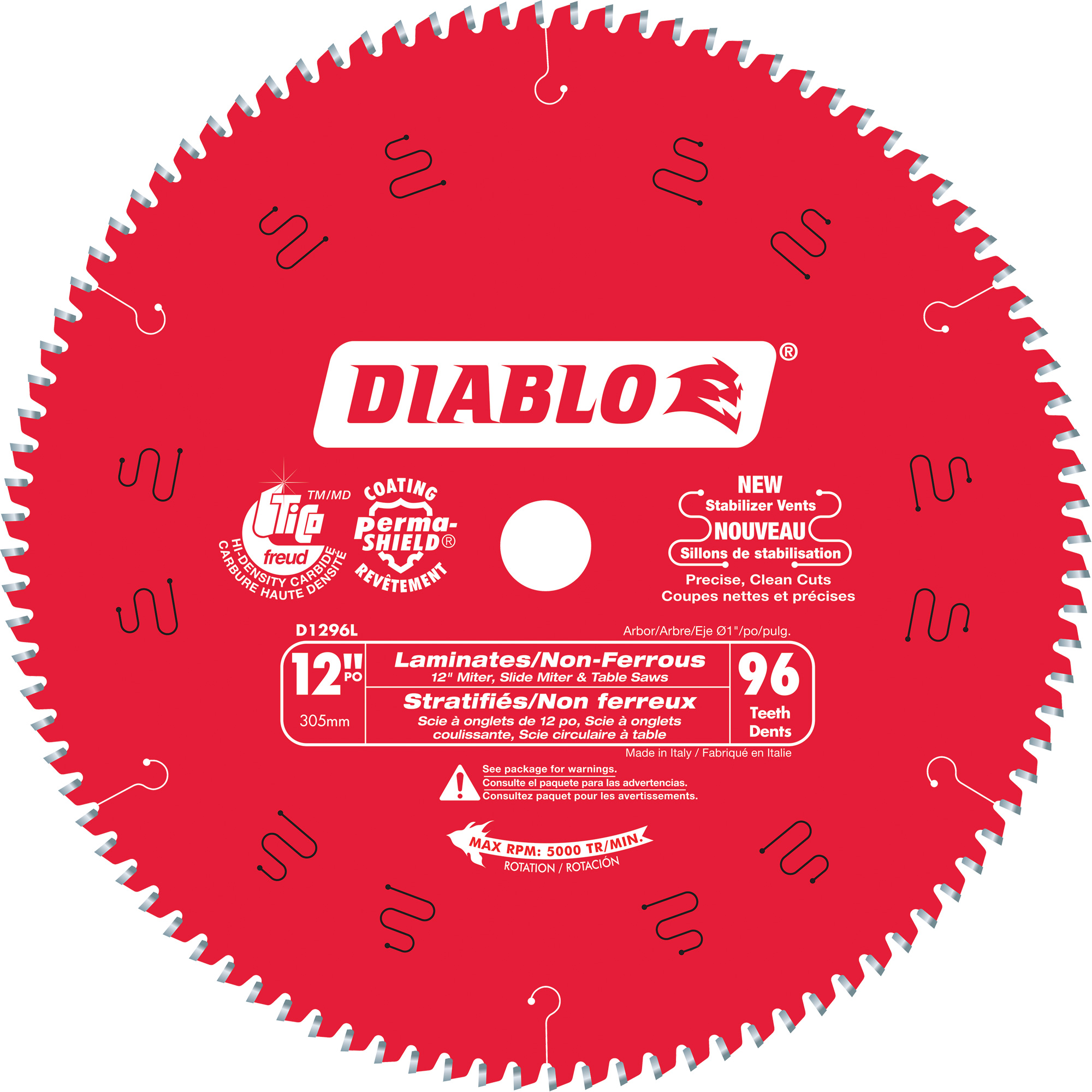Lame de scie circulaire, 12", 96 dents, Pour Plastique/Fibre de verre/Stratifié/Non ferreux