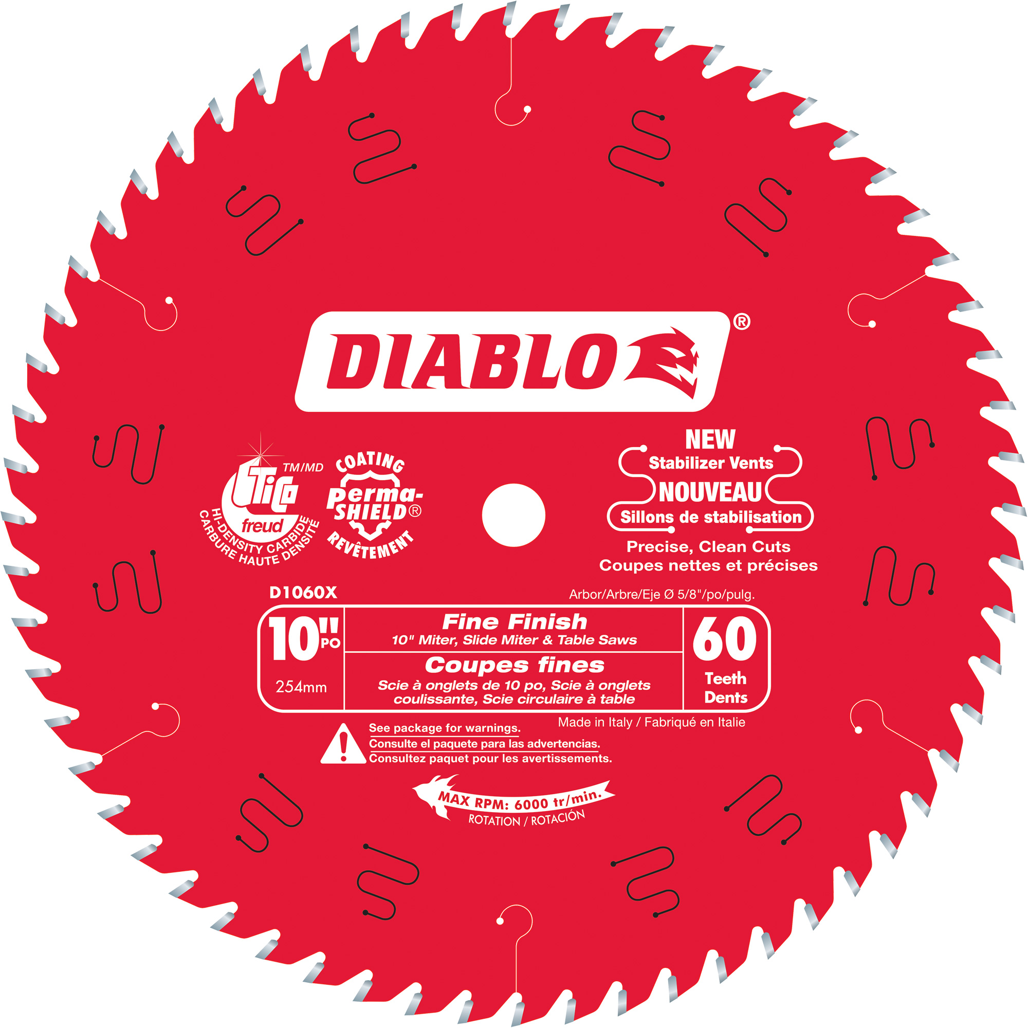 Lame de scie circulaire à finition fine, 10", 60 dents, Pour Stratifié/Bois