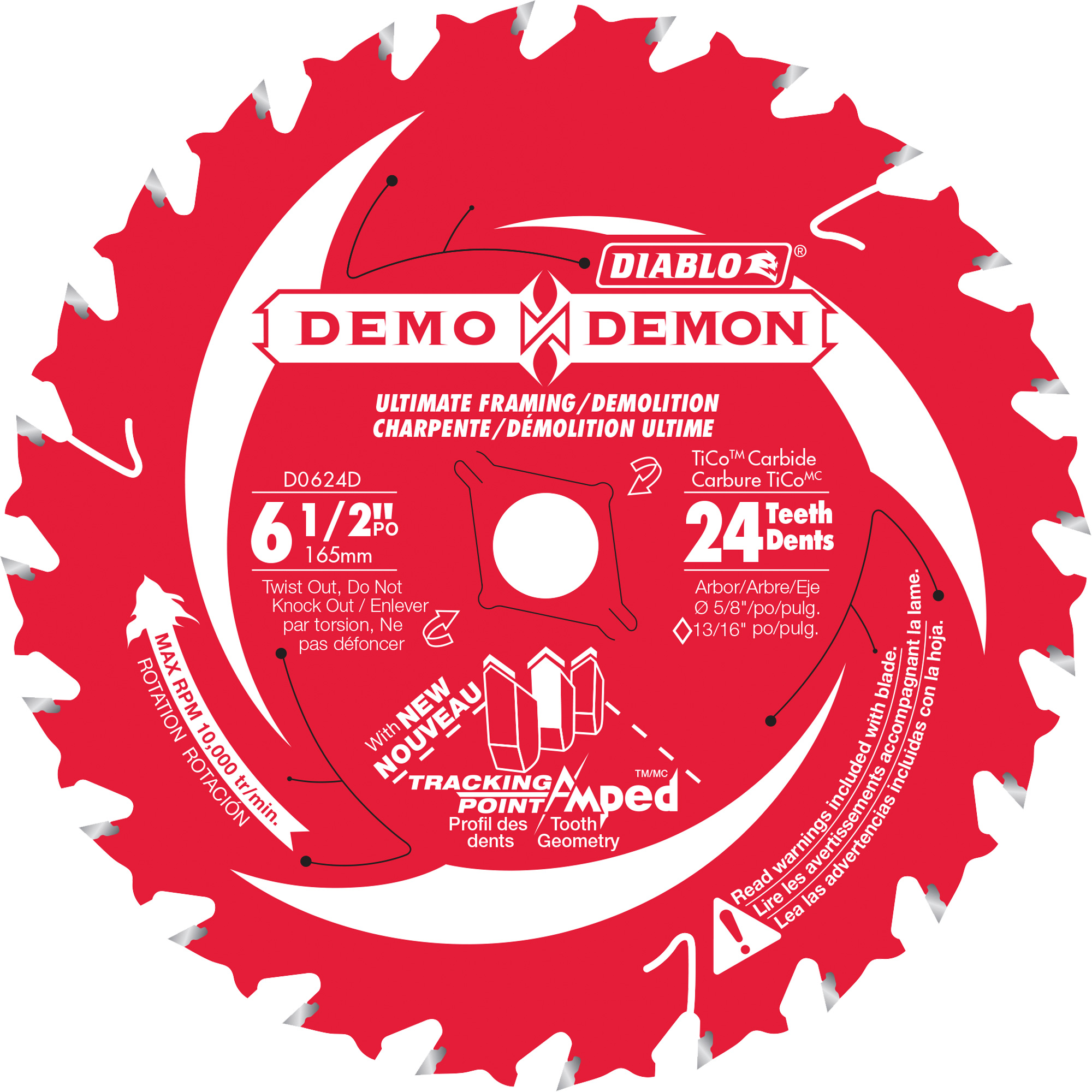 Lame de scie circulaire de charpente/démolition ultra mince Demon, 6-1/2", 24 dents, Pour Stratifié/Bois