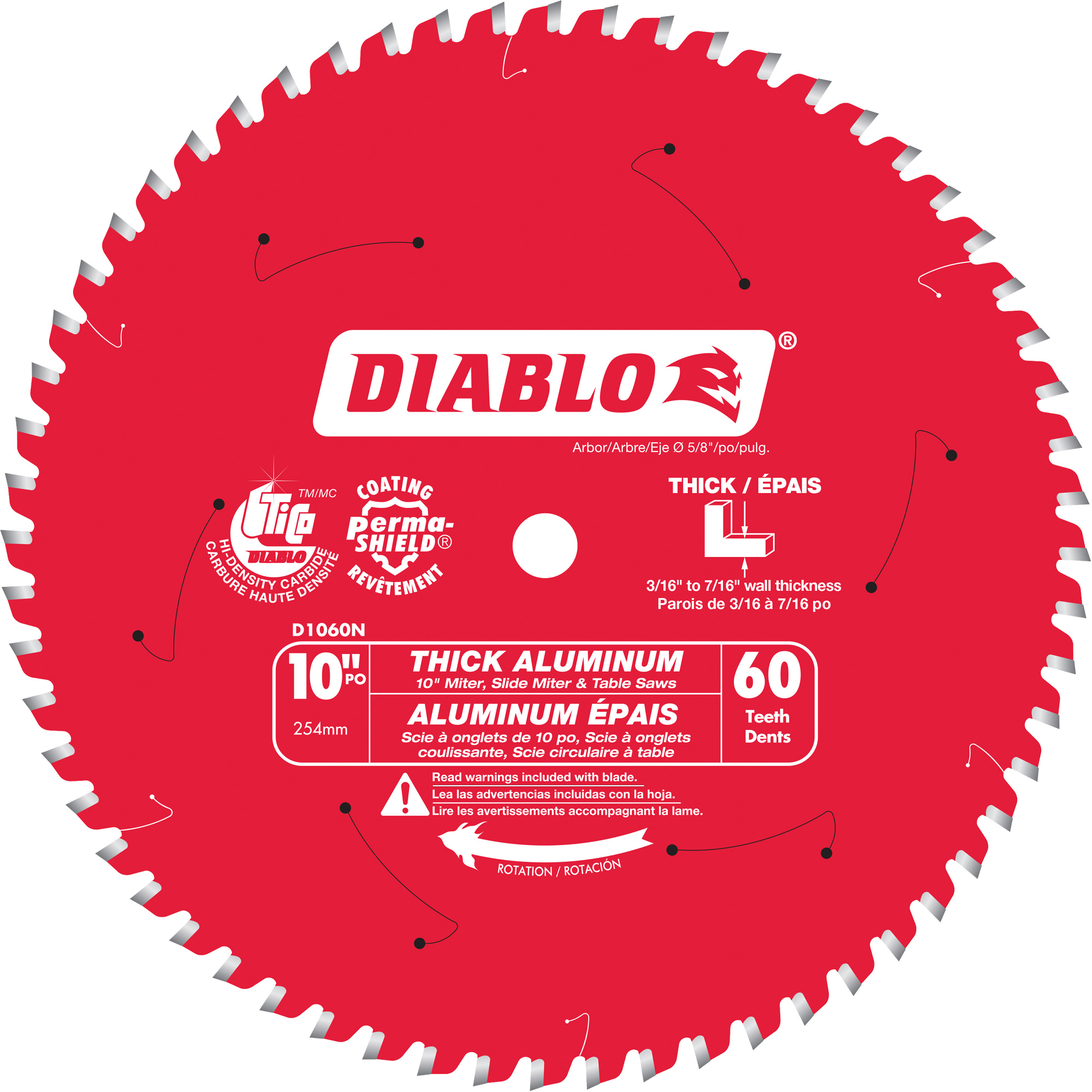 Lame de scie circulaire en aluminium épais, 10", 60 dents, Pour Plastique/Fibre de verre/Non ferreux