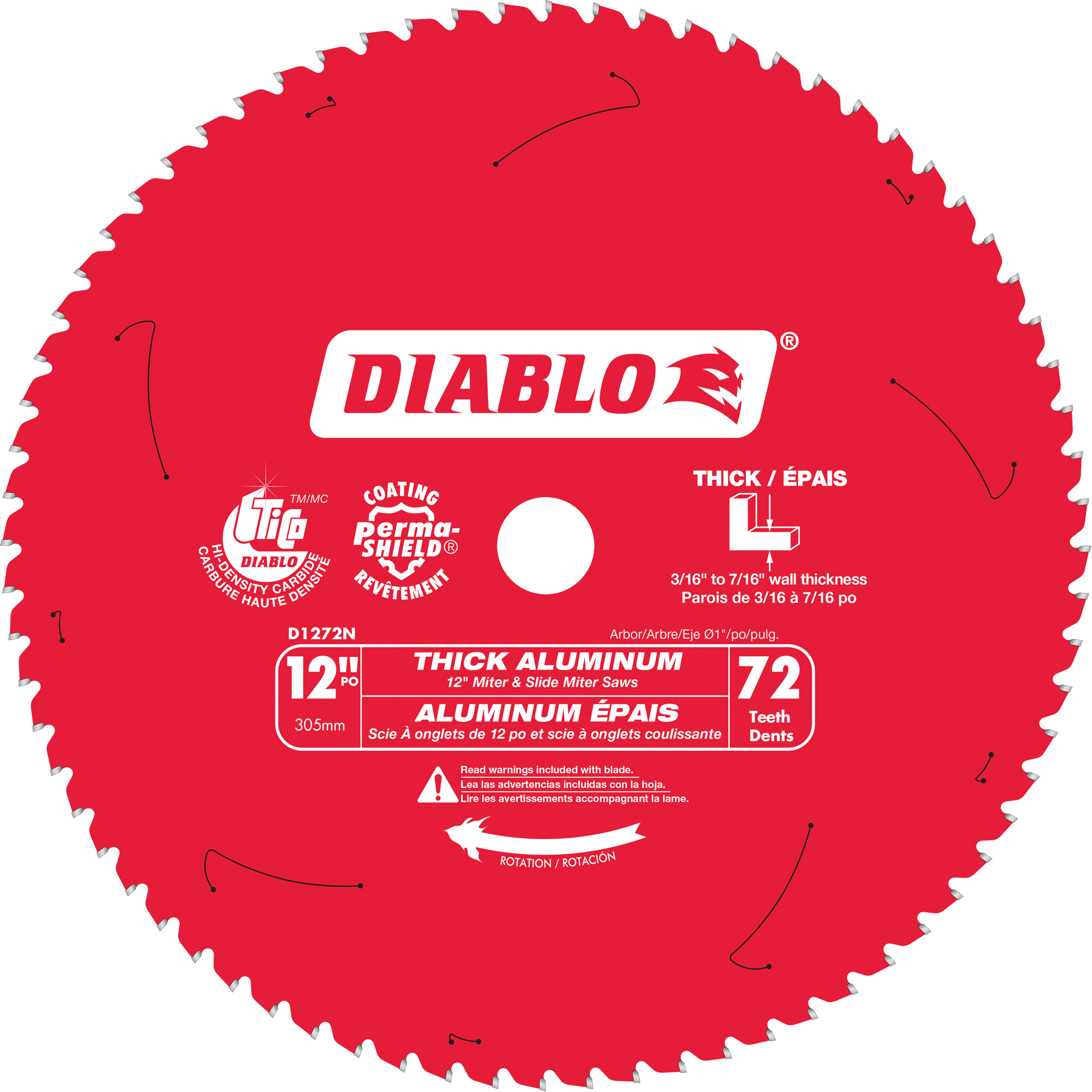 Lame de scie circulaire en aluminium épais, 12", 72 dents, Pour Plastique/Fibre de verre/Non ferreux