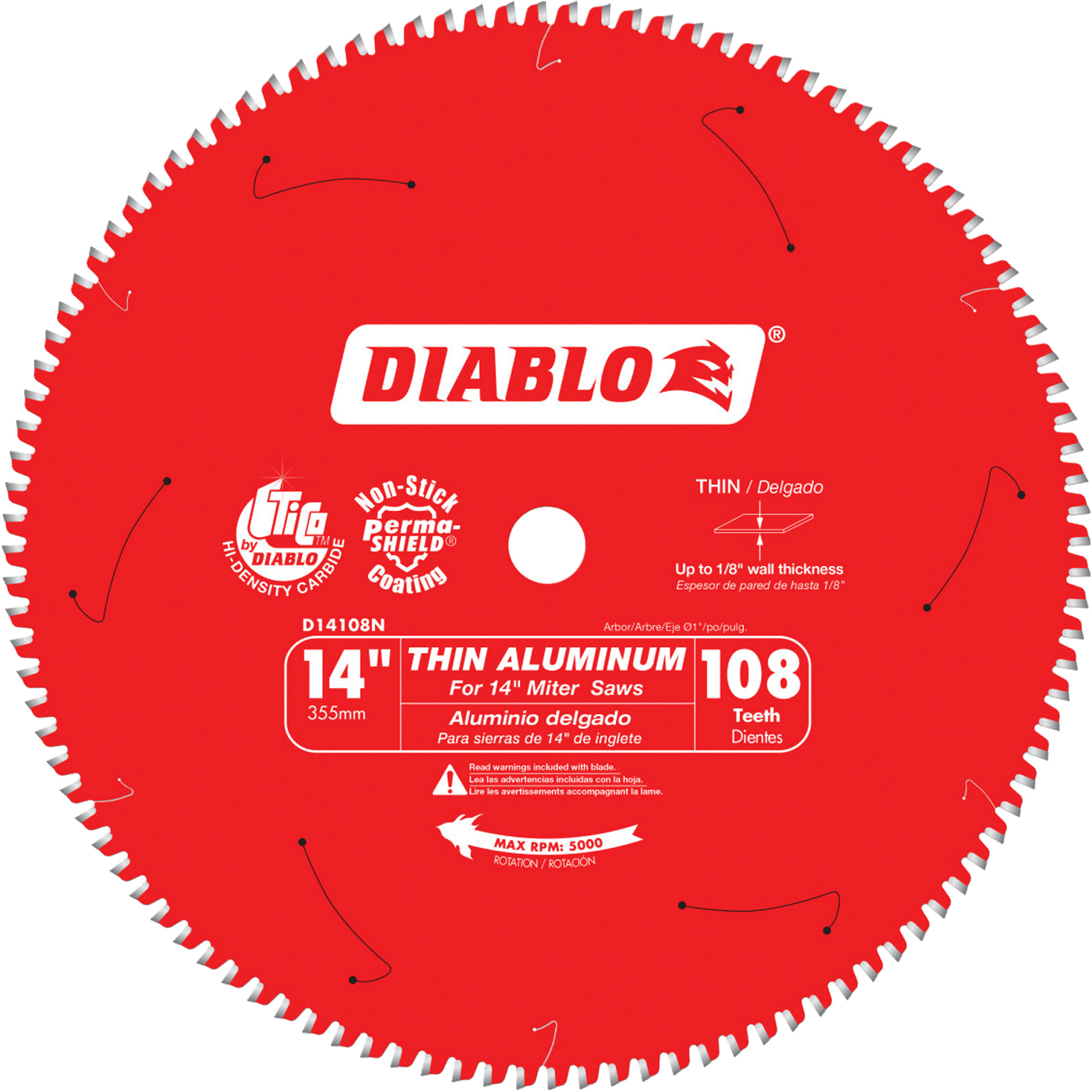 Lame de scie circulaire en aluminium mince, 14", 108 dents, Pour Plastique/Fibre de verre/Non ferreux