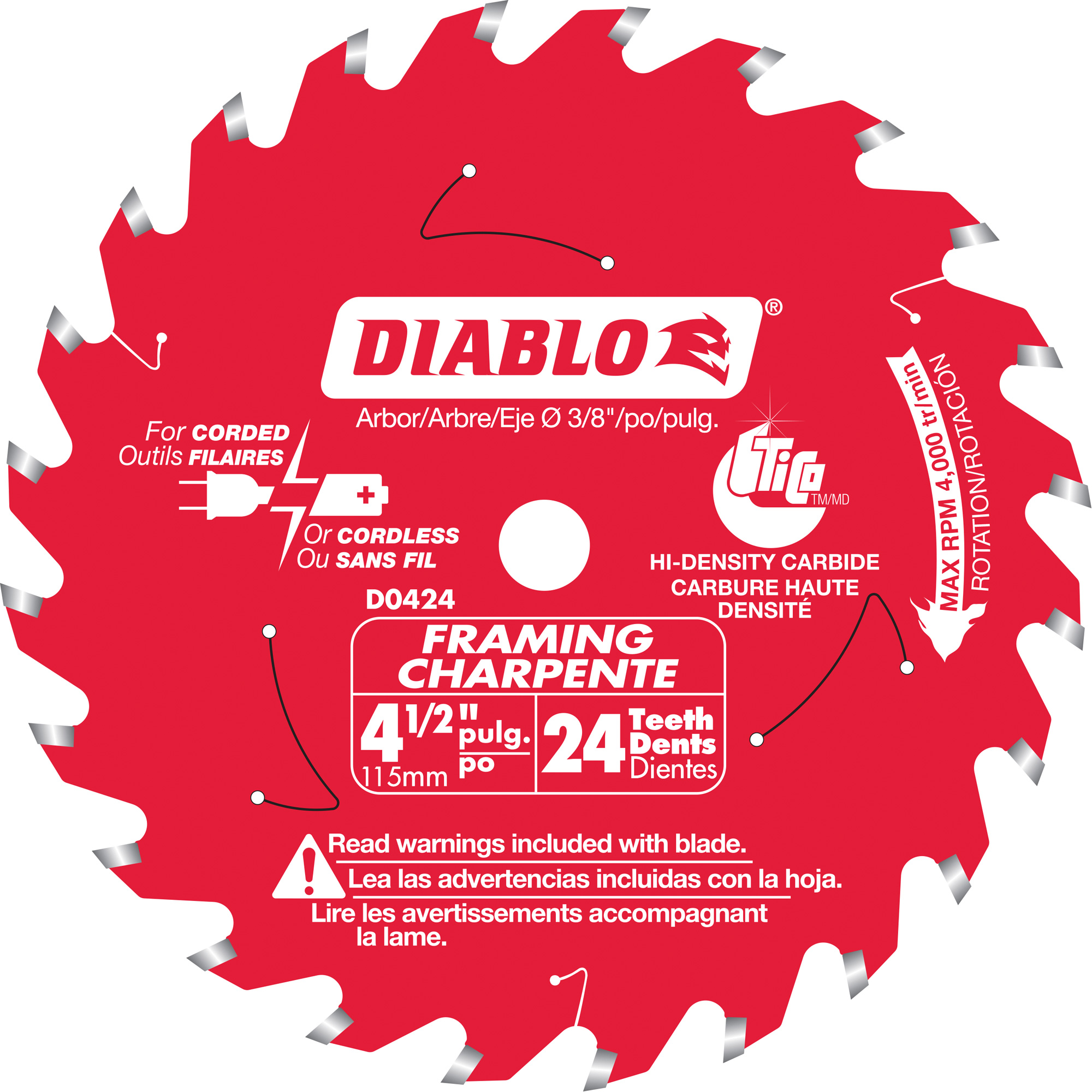 Lame de scie circulaire pour garniture de charpente, 4-1/2", 24 dents, Pour Bois