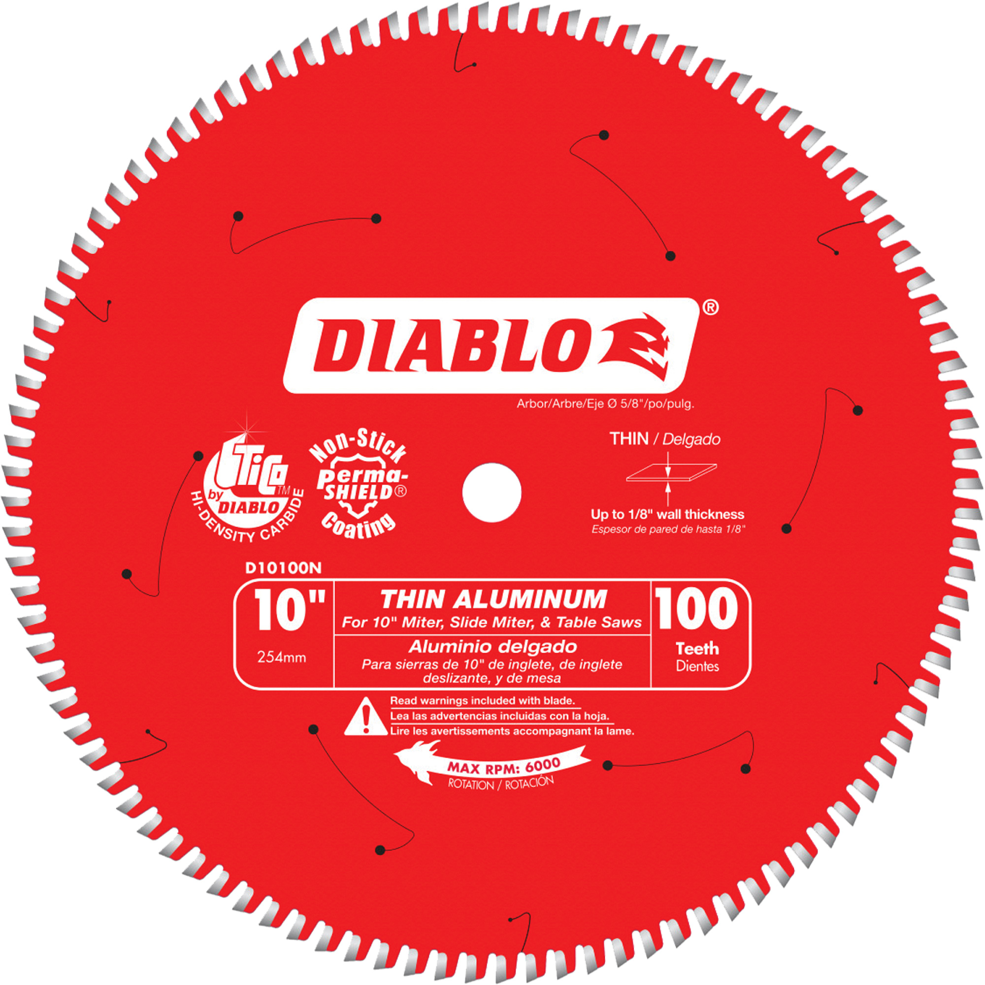 Lame de scie circulaire pour la coupe d'aluminium, 10", 100 dents, Pour Plastique/Fibre de verre/Non ferreux