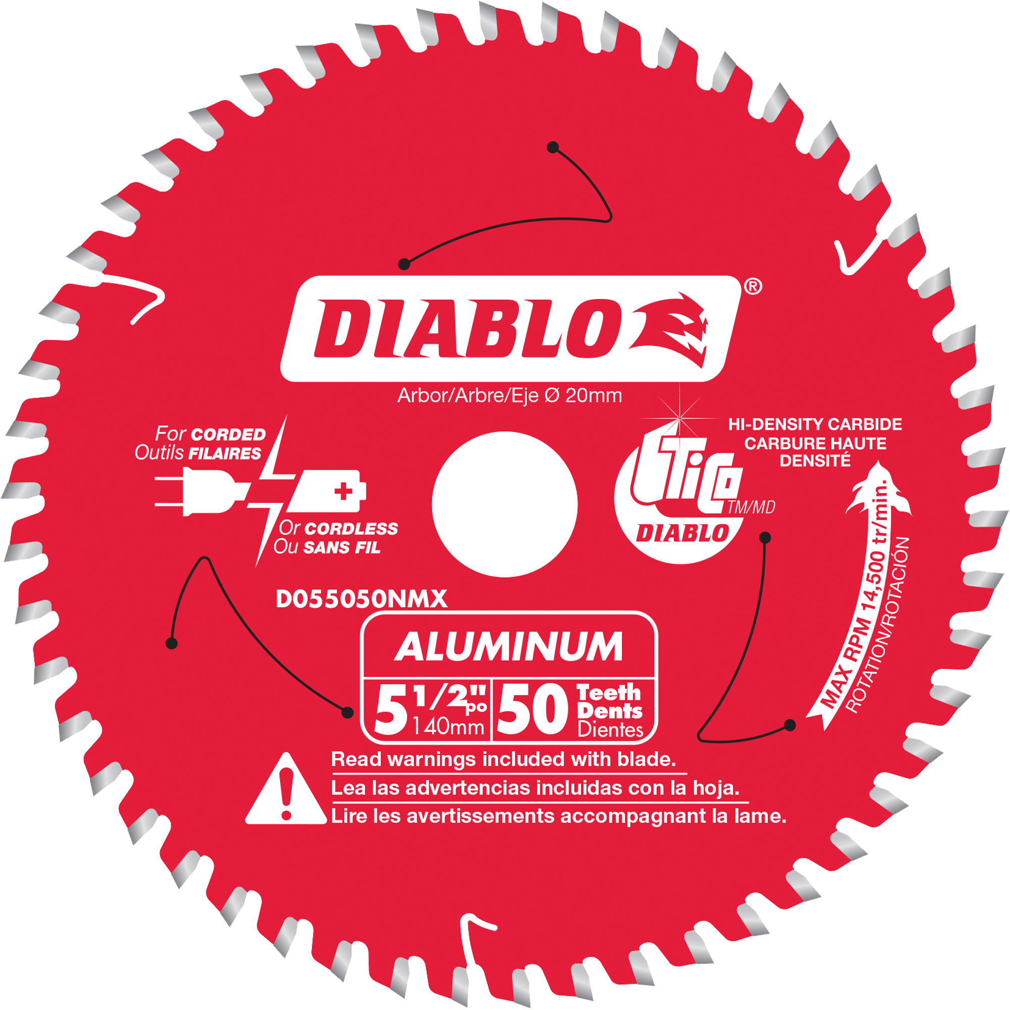Lame de scie circulaire pour la coupe d'aluminium, 5-1/2", 50 dents, Pour Plastique/Fibre de verre/Non ferreux