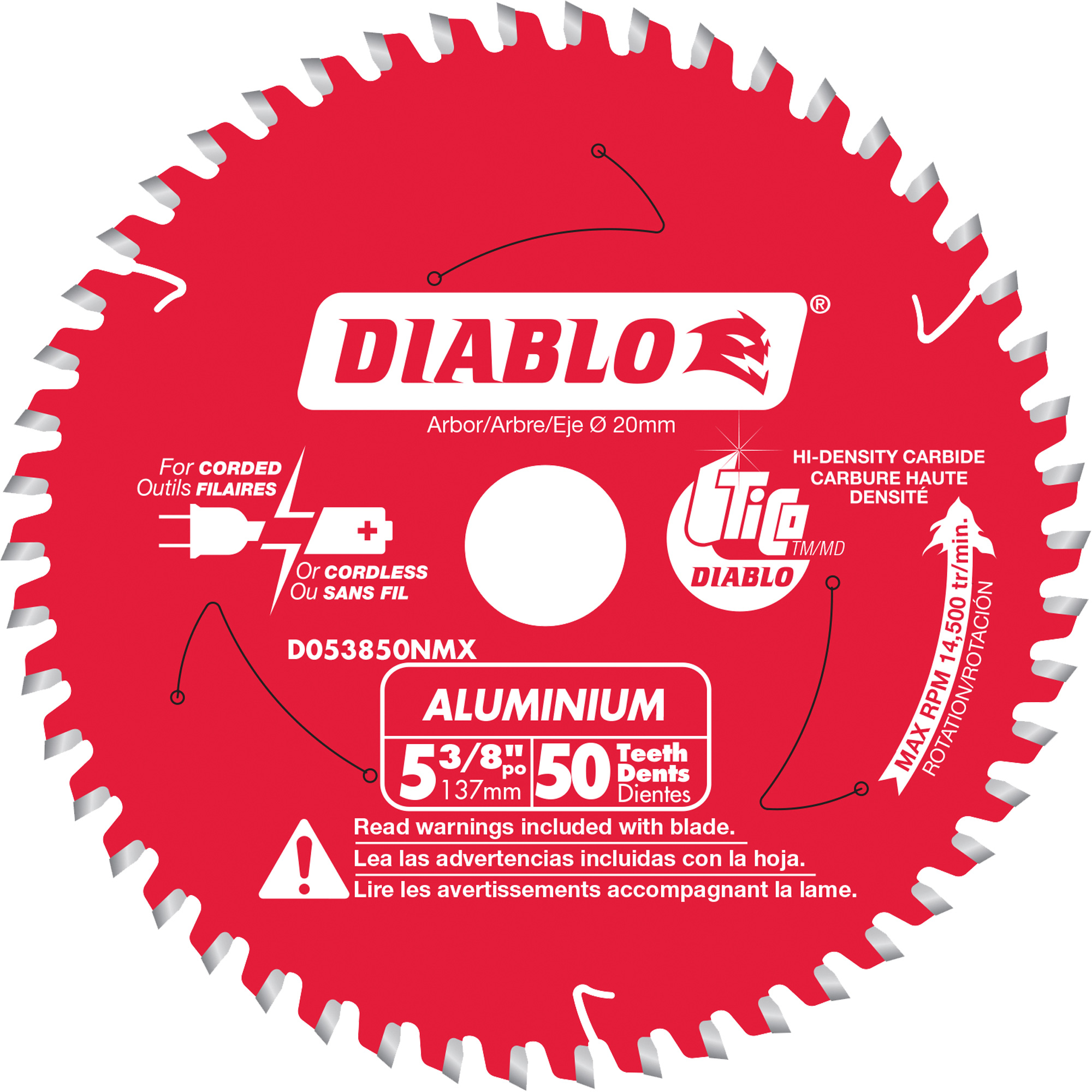 Lame de scie circulaire pour la coupe d'aluminium, 5-3/8", 50 dents, Pour Plastique/Fibre de verre/Non ferreux