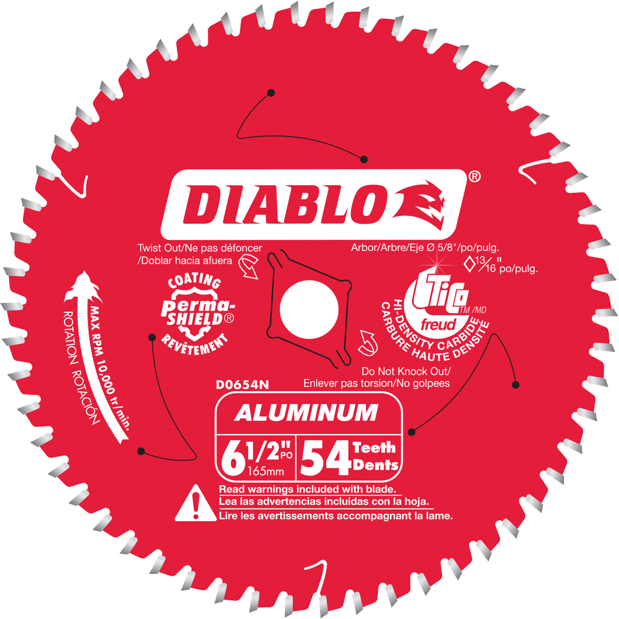 Lame de scie circulaire pour la coupe d'aluminium, 6-1/2", 54 dents, Pour Plastique/Fibre de verre/Non ferreux