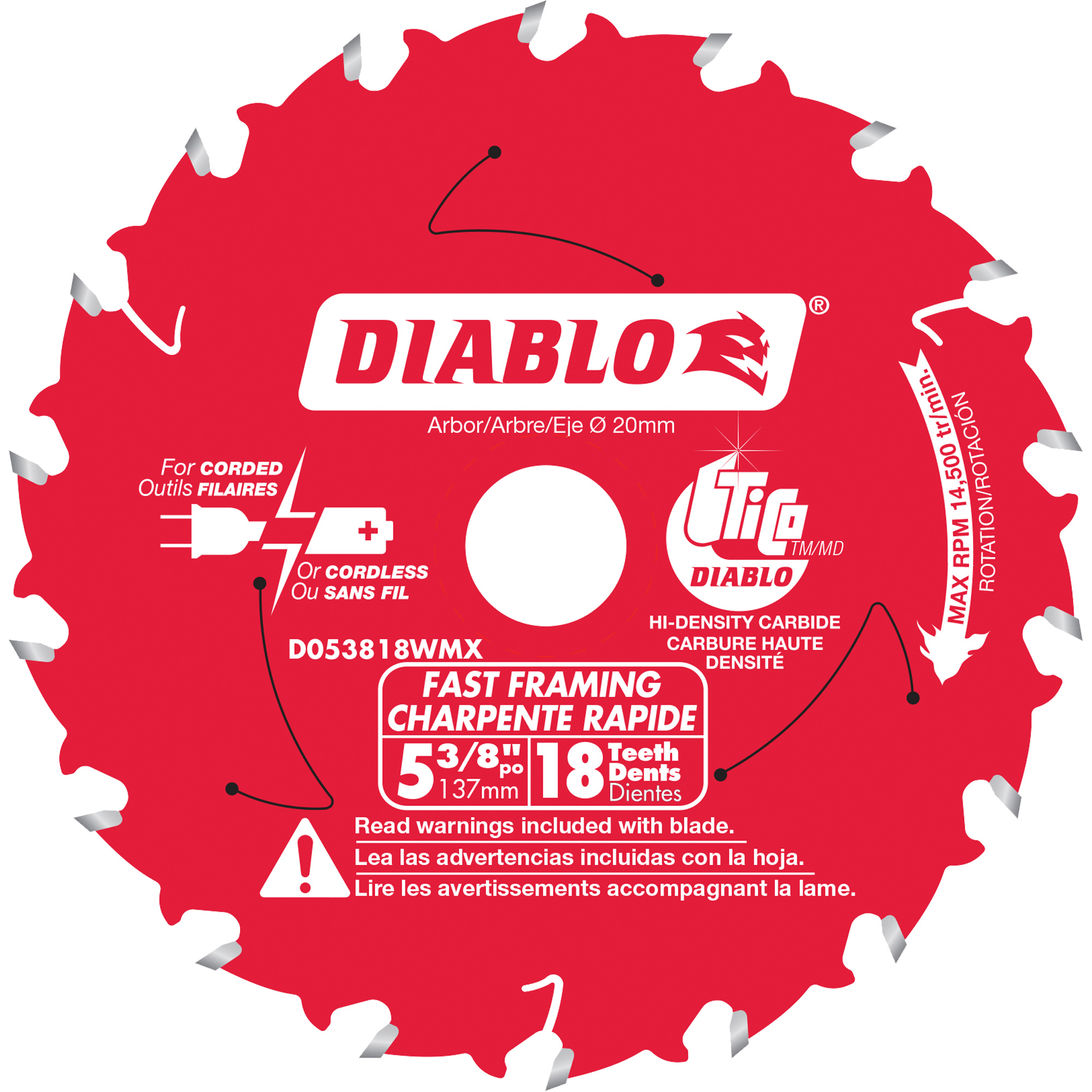 Lame de scie circulaire rapide pour charpente, 5-3/8", 18 dents, Pour Stratifié/Bois