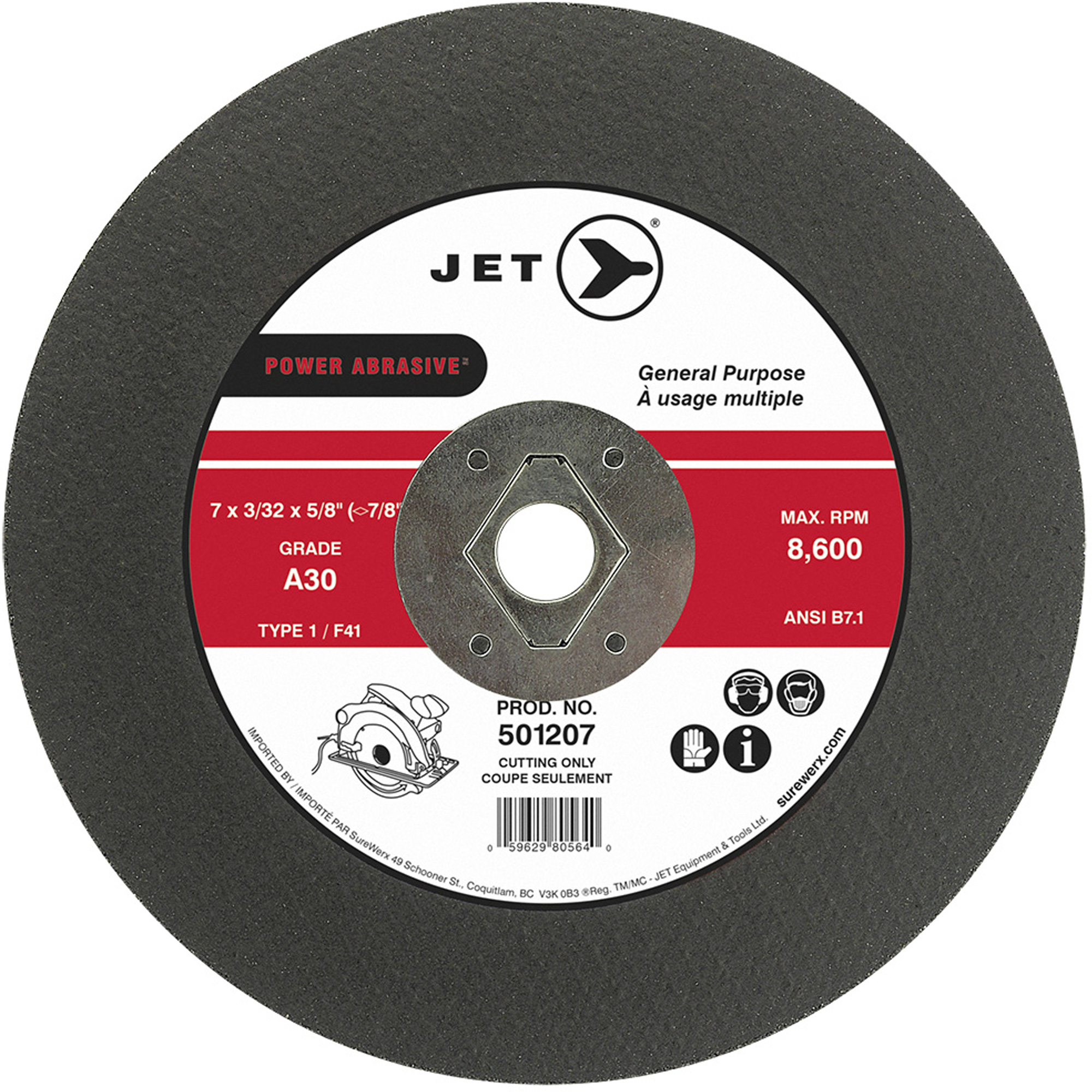 Disque abrasif de tronçonnage, 7" x 3/32", Arbre de 5/8", Type 1, 8600 Tr/min