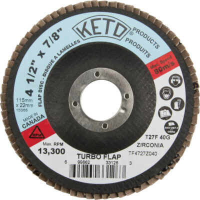 DISQUE LAMELLE TURBO 4 1/2X7/8 GRAIN 40, 4-1/2" x 7/8", Grain 40, Alumine de zirconium