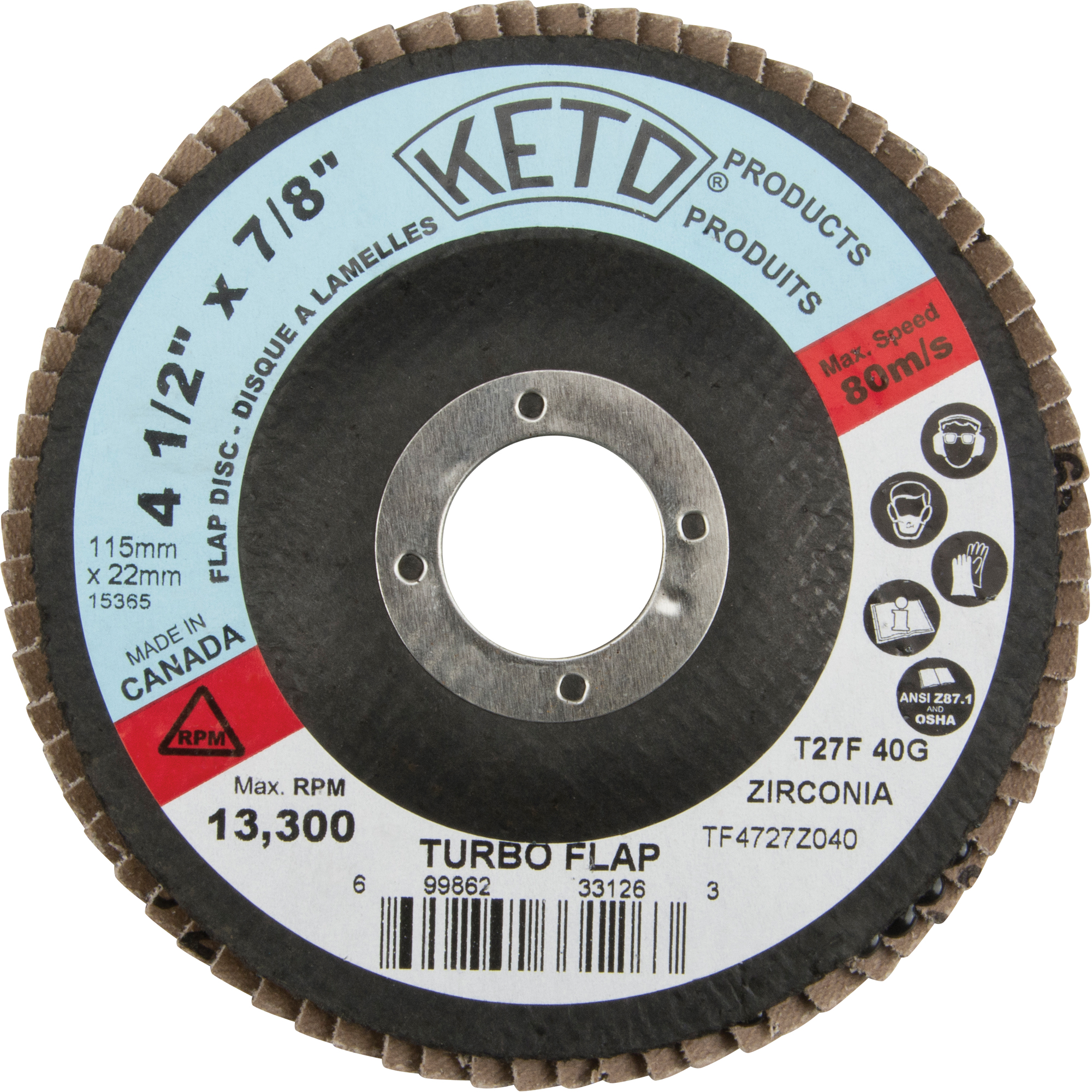 DISQUE LAMELLE TURBO 4 1/2X7/8 GRAIN 40, 4-1/2" x 7/8", Grain 40, Alumine de zirconium