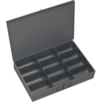 Boîtes à fond courbé, Acier, 12 compartiments, 13 3/8" la x 9-1/4" p, 2" h, Gris