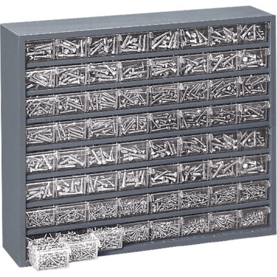 Casiers à tiroirs robustes, 64 tiroirs, 25 1/2" la x 6 1/2" p x 21 3/4" h, Gris