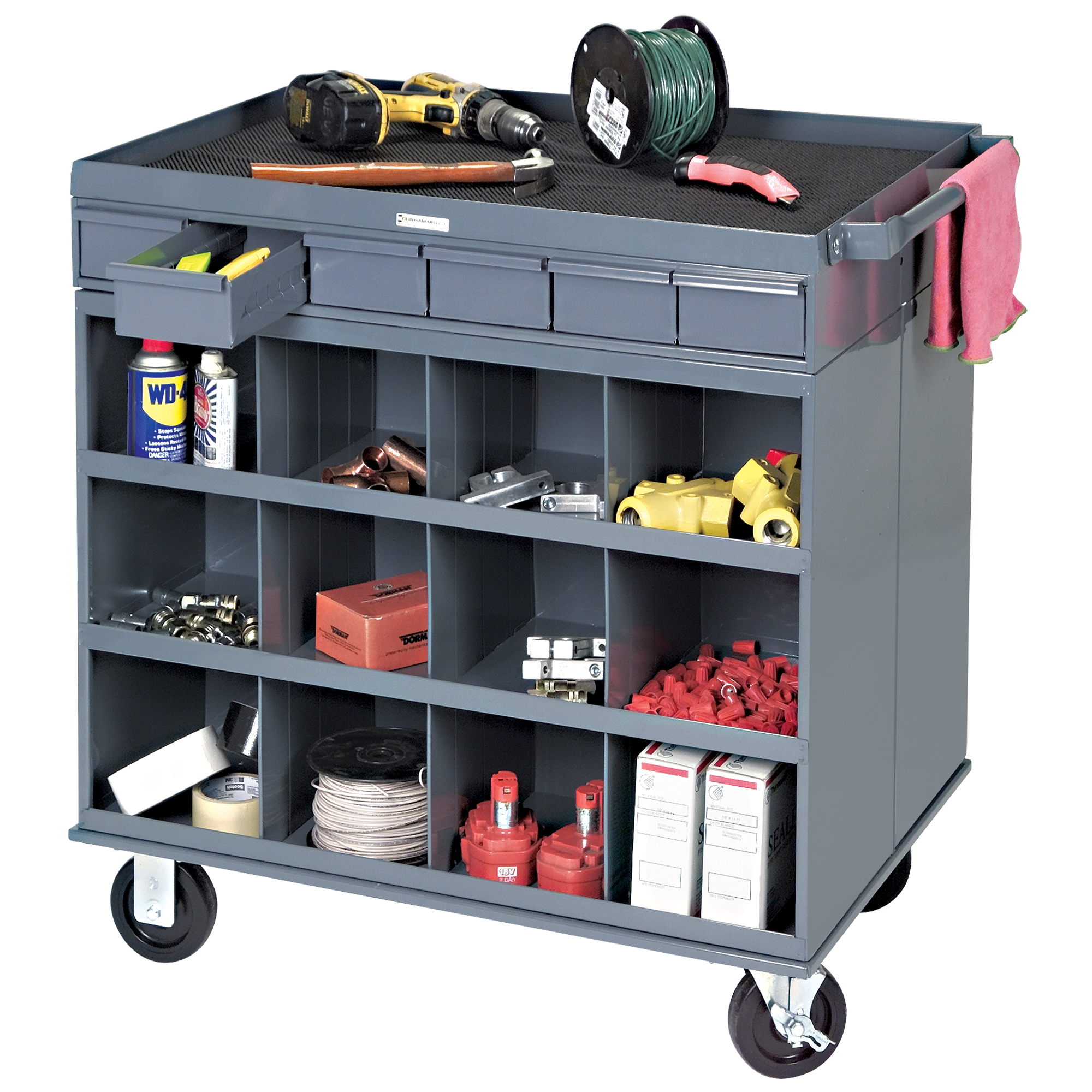 Poste de travail à deux côtés mobile et robuste, 1200 lb Capacité, Acier, 34" x la, 34" x ha, 24" p, Entièrement soudé, 6 tirroirs