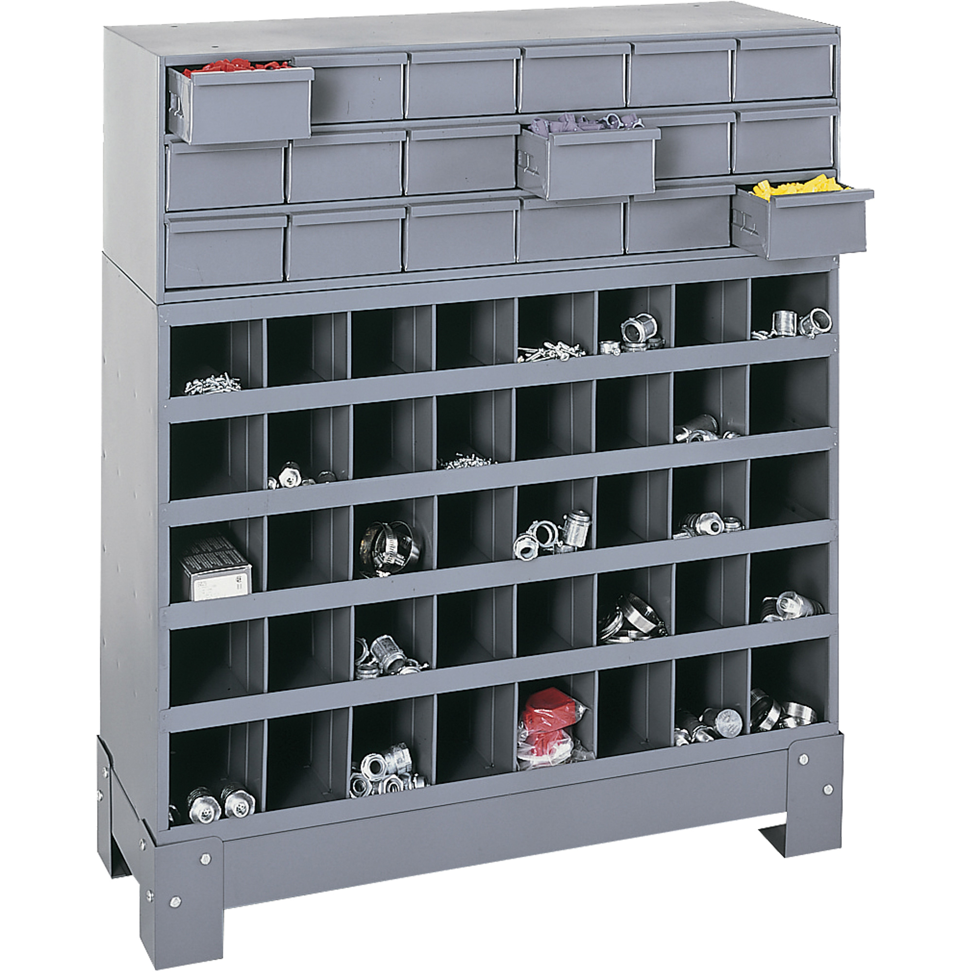 Unité de stockage modulaire pour petites pièces, Acier, 18 tiroirs, 33-3/4" x 12-1/4" x 40-1/2", Gris
