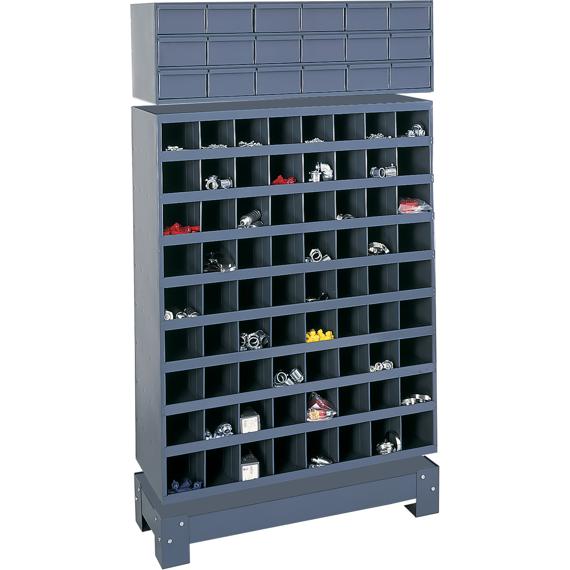 Unité de stockage modulaire pour petites pièces, Acier, 18 tiroirs, 33-3/4" x 12-1/4" x 58-5/8", Gris