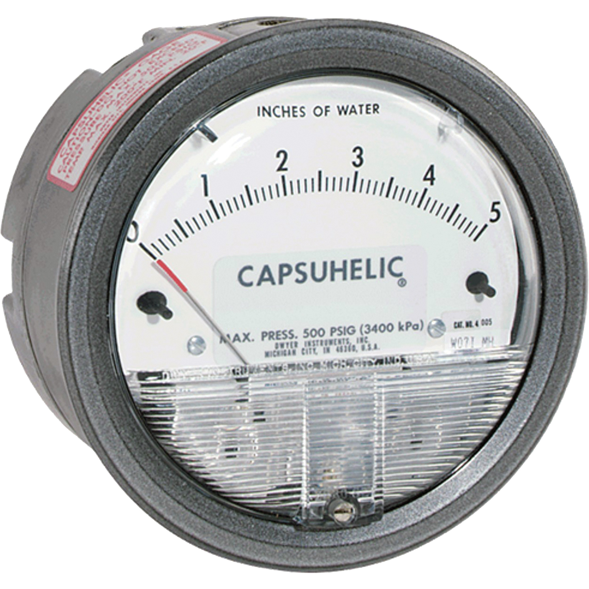 Manomètre différentiel avec échelle verticale et étui de série 4000 CapsuhelicMD, 4", 0 - 10 po en c.e., Fixation sur panneau, Analogique