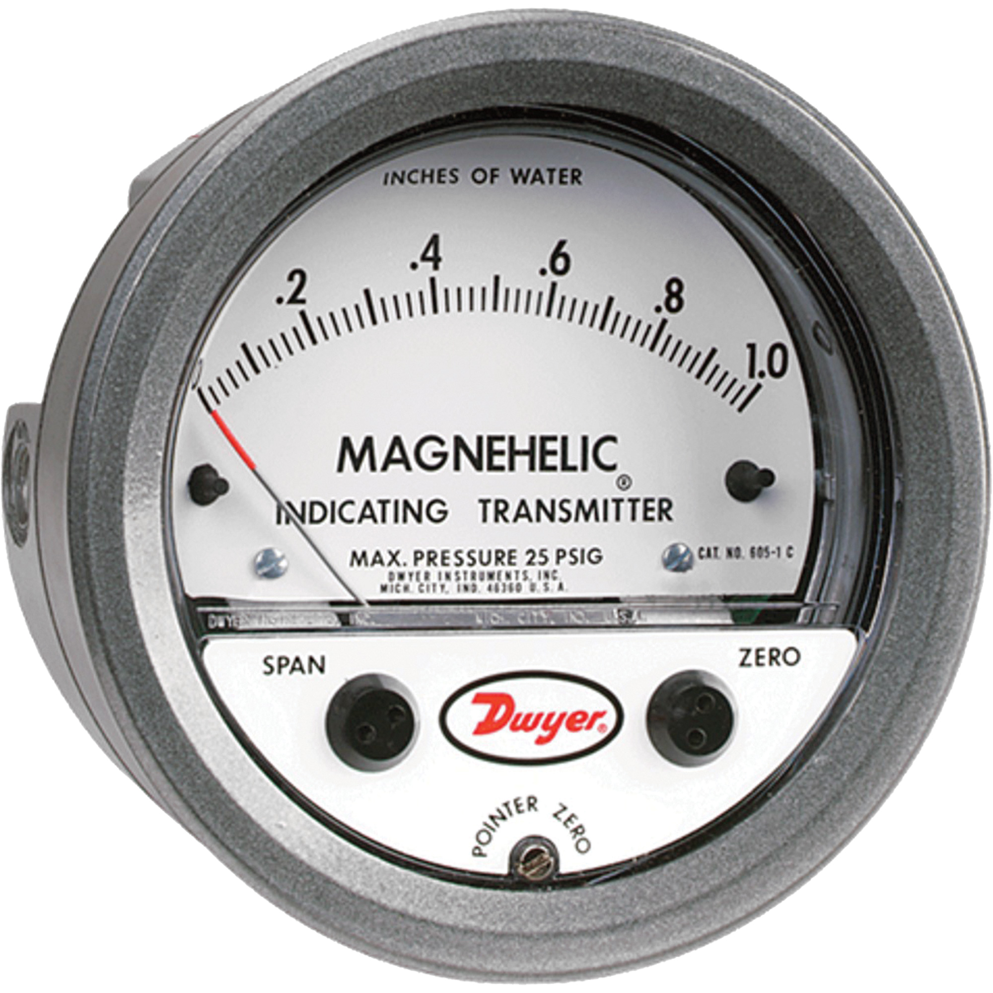 Manomètre différentiel et émetteur de signalisation de série 605 MagnehelicMD, 4", 0 - 1 po en c.e., Fixation sur panneau, Analogique