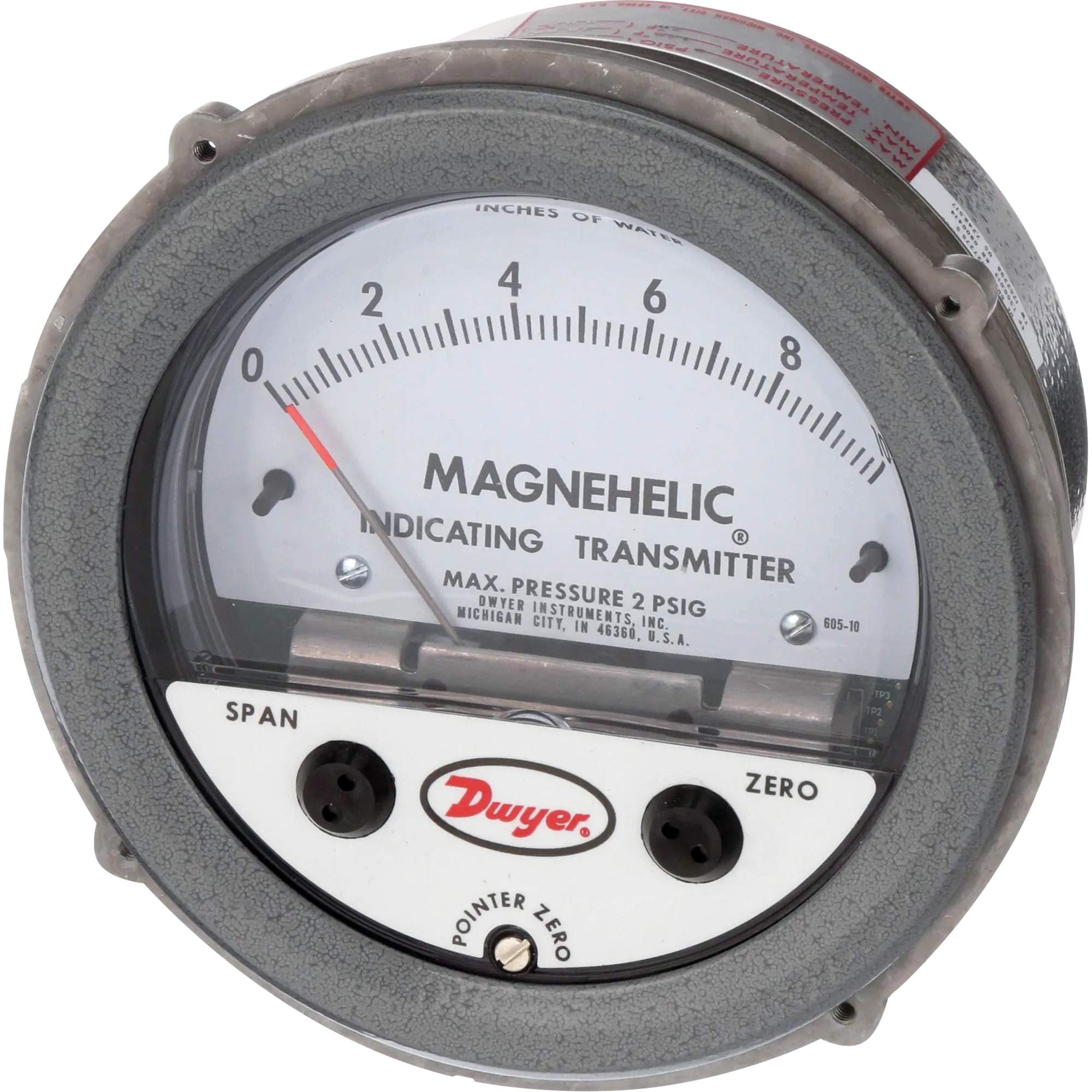 Manomètre différentiel et émetteur de signalisation de série 605 MagnehelicMD, 4", 0 - 10 po en c.e., Fixation sur panneau, Analogique