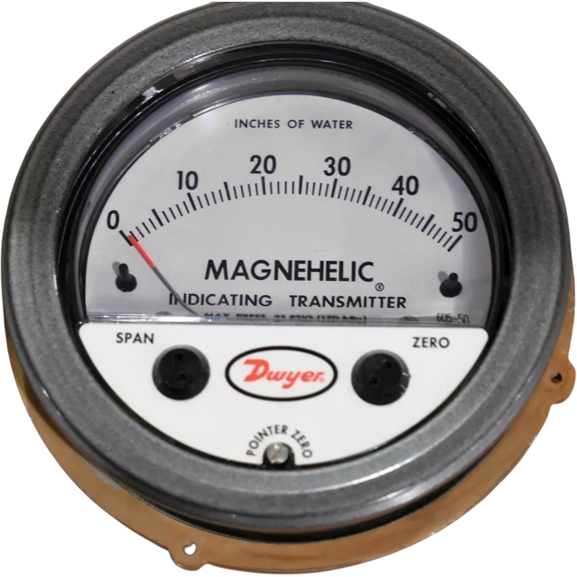 Manomètre différentiel et émetteur de signalisation de série 605 MagnehelicMD, 4", 0 - 50 po en c.e., Fixation sur panneau, Analogique