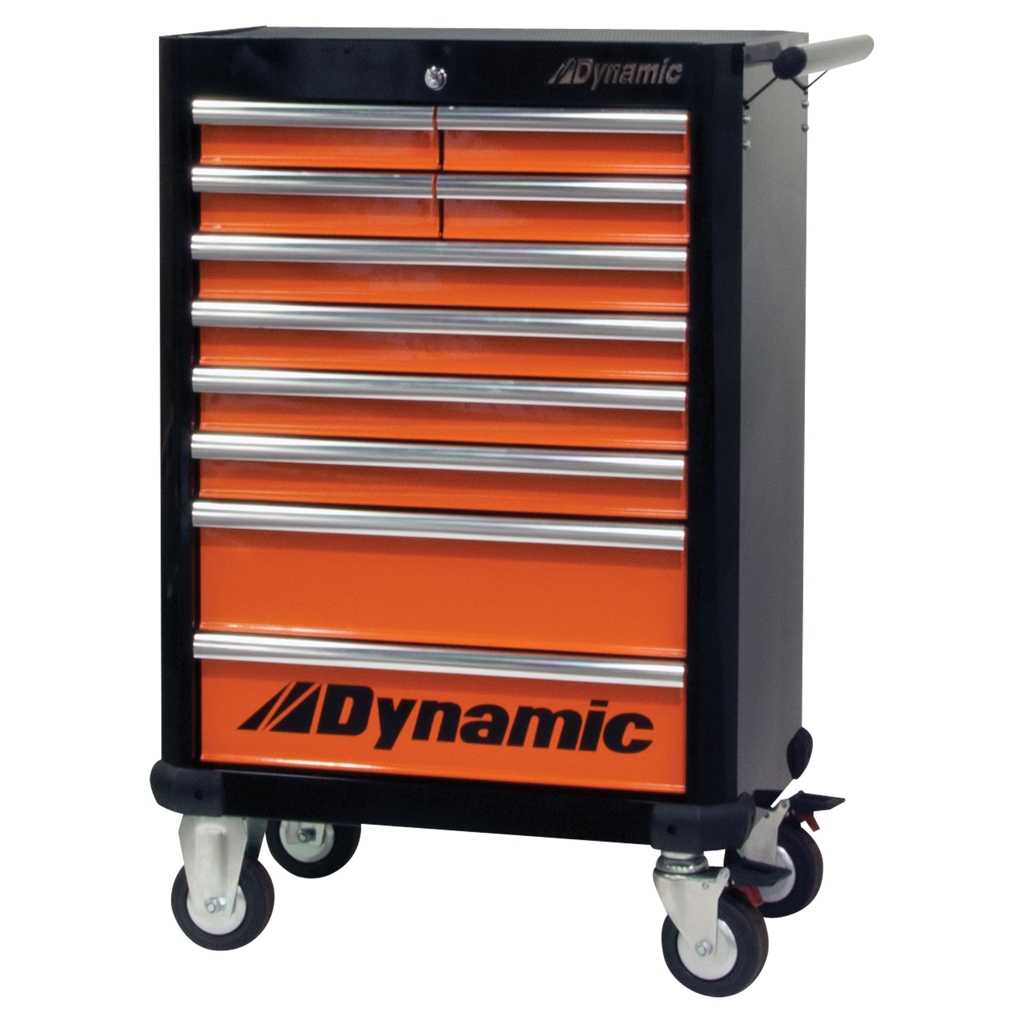 Armoire à outils mobile, 10 tiroirs, 28" la x 18" p x 43-1/4" h, Noir/Orange