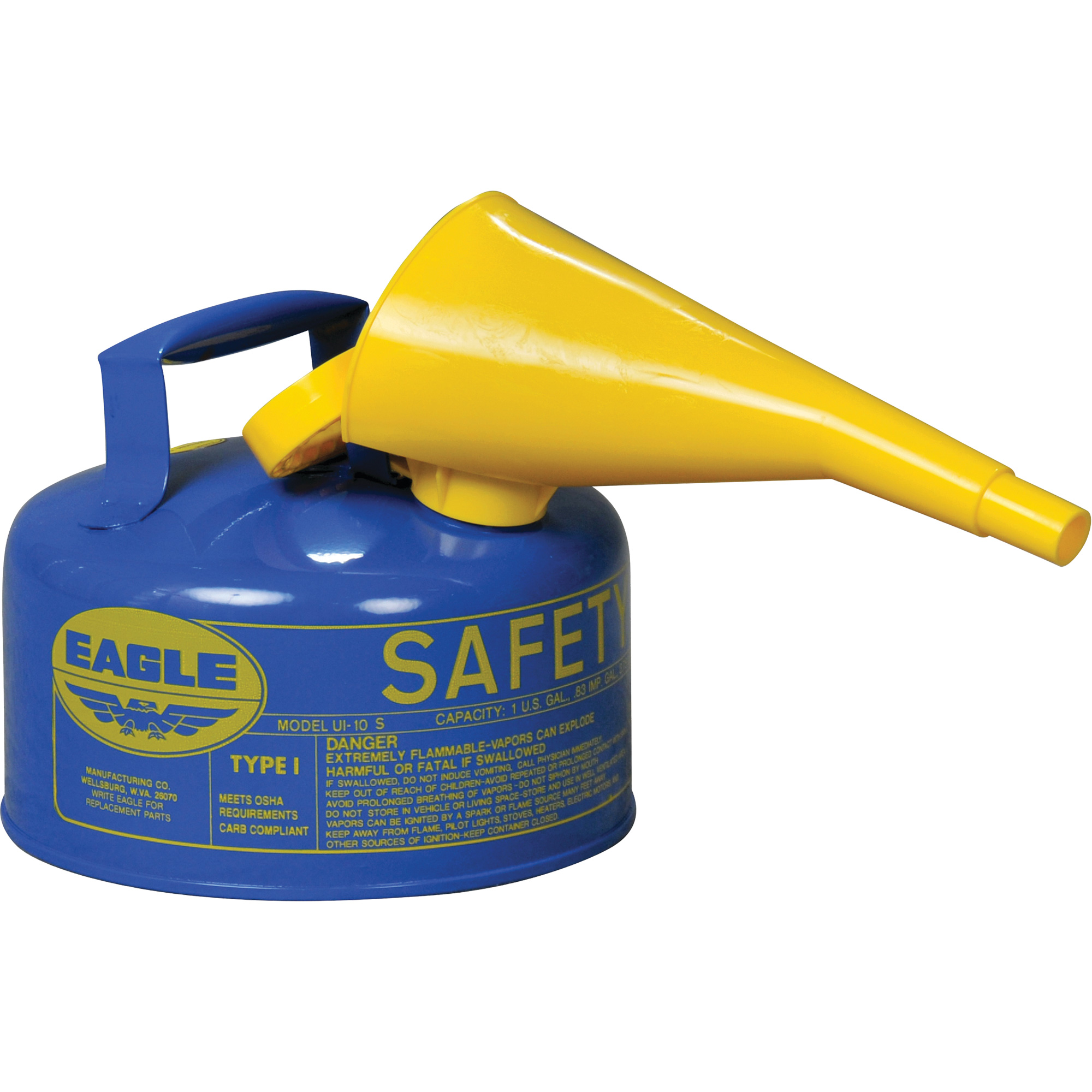 Bidon de sécurité pour le kérosène avec entonnoir, Type I, Acier galvanisé, 1 gal. US, Bleu, Homologué FM/Listé UL/ULC