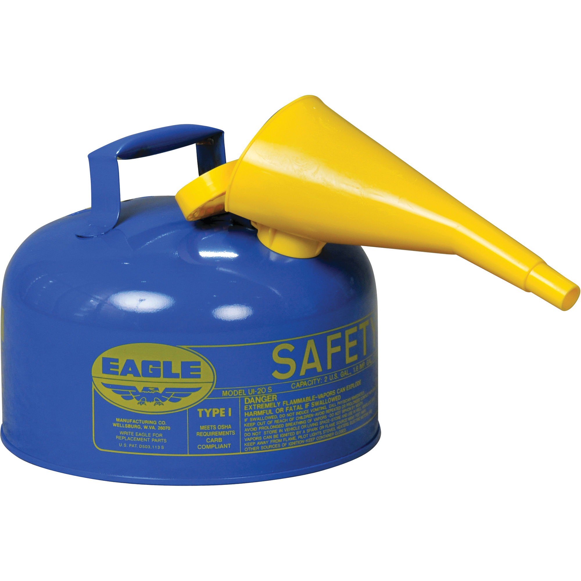 Bidon de sécurité pour le kérosène avec entonnoir, Type I, Acier galvanisé, 2 gal. US, Bleu, Homologué FM/Listé UL/ULC