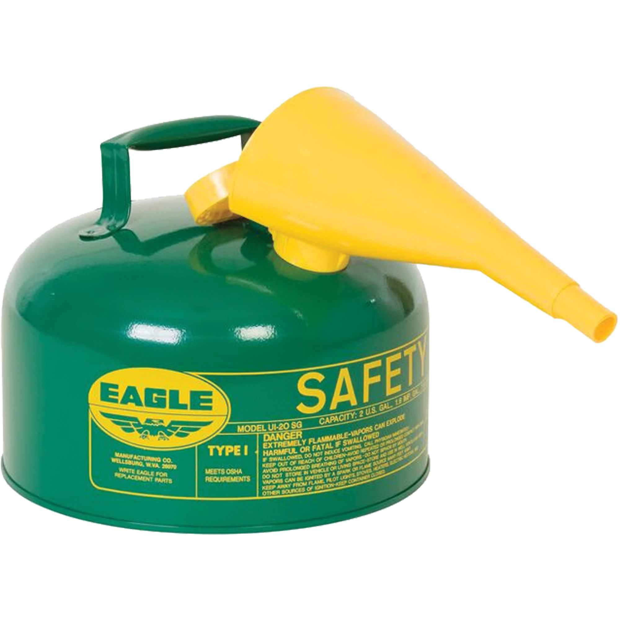 Bidon de sécurité pour les combustibles avec entonnoir, Type I, Acier galvanisé, 2 gal. US, Vert, Homologué FM/Listé UL/ULC