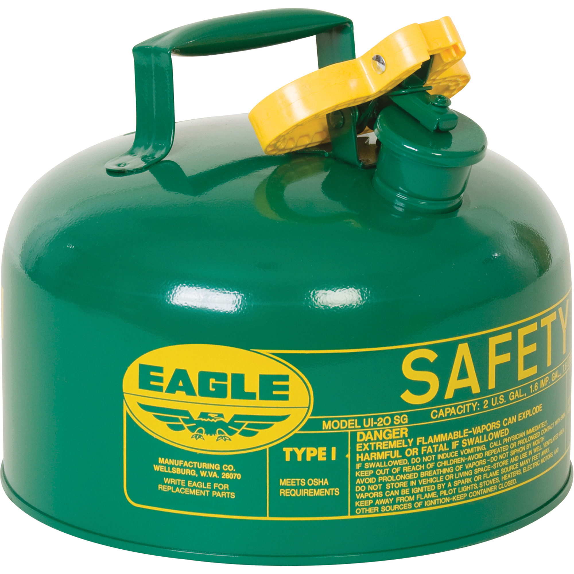 Bidon de sécurité pour les combustibles, Type I, Acier galvanisé, 2 gal. US, Vert, Homologué FM/Listé UL/ULC