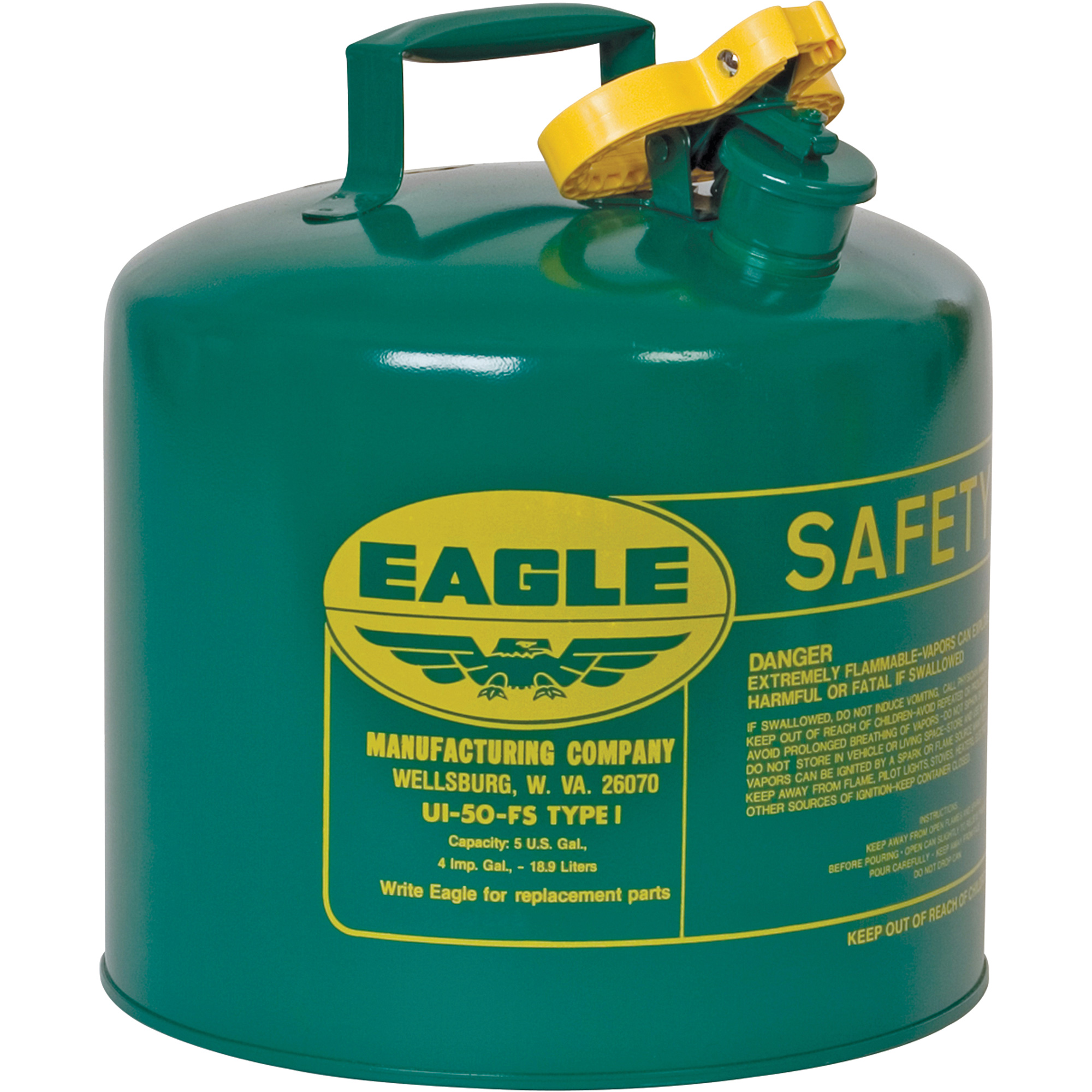 Bidon de sécurité pour les combustibles, Type I, Acier galvanisé, 5 gal. US, Vert, Homologué FM/Listé UL/ULC