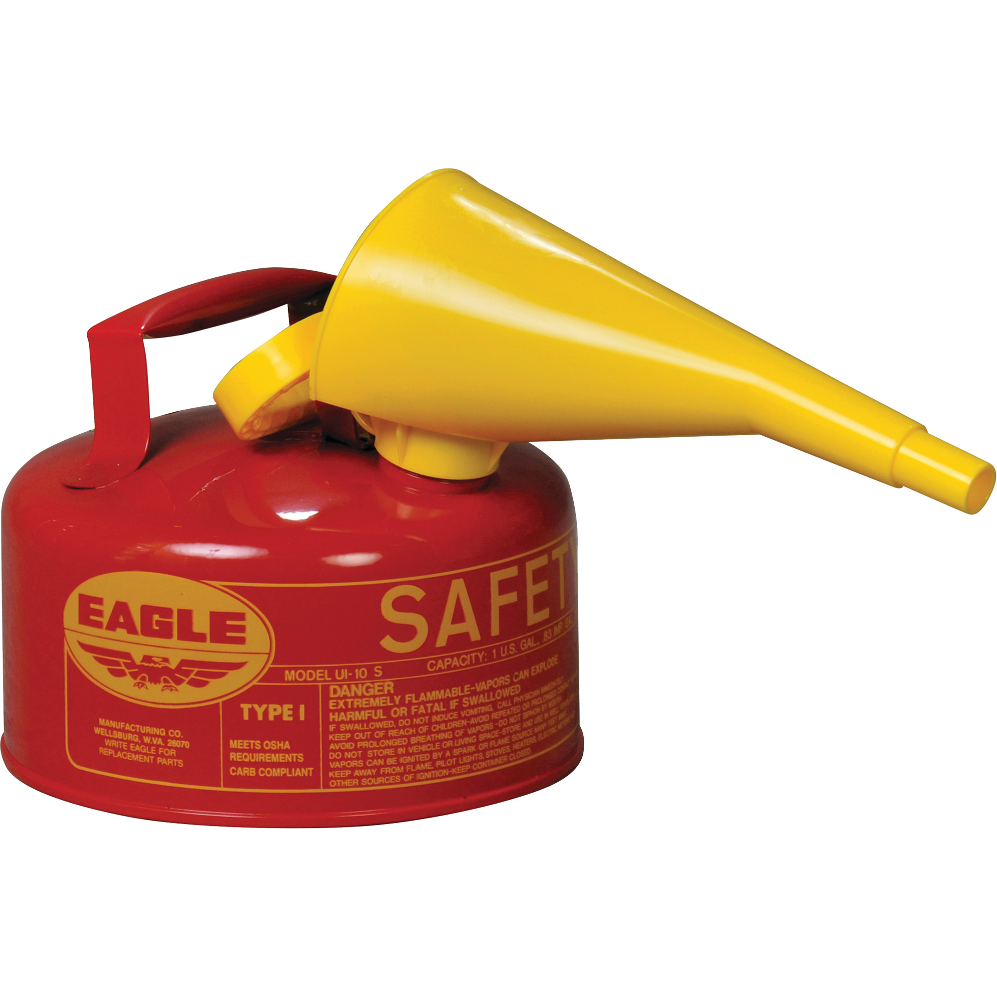 Bidon de sécurité pour les produits inflammables avec entonnoir, Type I, Acier galvanisé, 1 gal. US, Rouge, Homologué FM/Listé UL/ULC