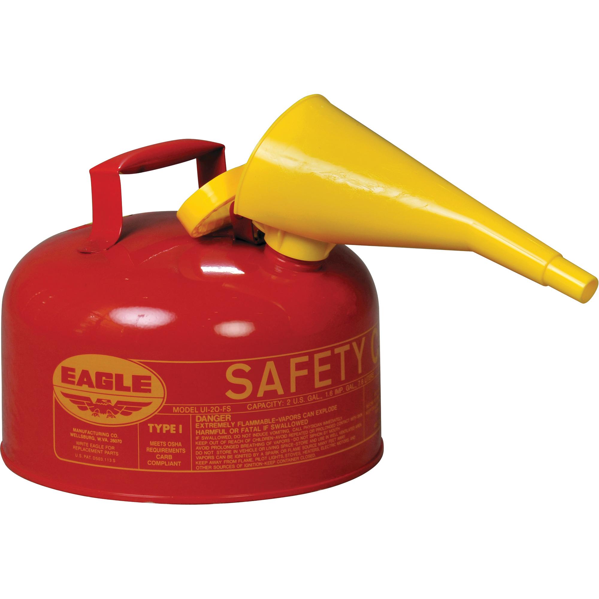 Bidon de sécurité pour les produits inflammables avec entonnoir, Type I, Acier galvanisé, 2 gal. US, Rouge, Homologué FM/Listé UL/ULC