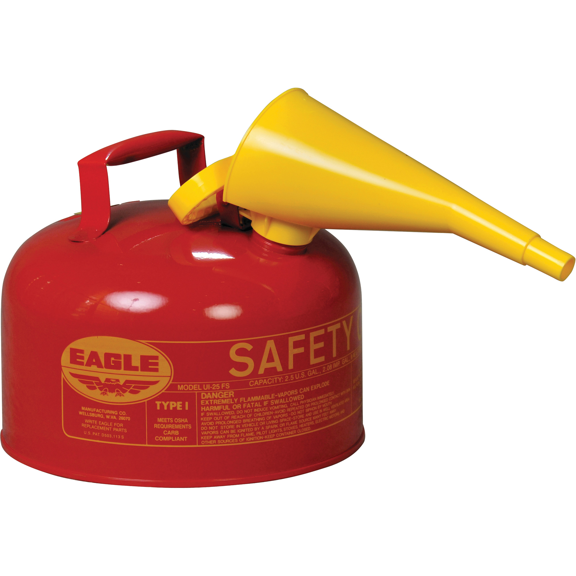 Bidon de sécurité pour les produits inflammables avec entonnoir, Type I, Acier galvanisé, 2,5 gal. US, Rouge, Homologué FM/Listé UL/ULC