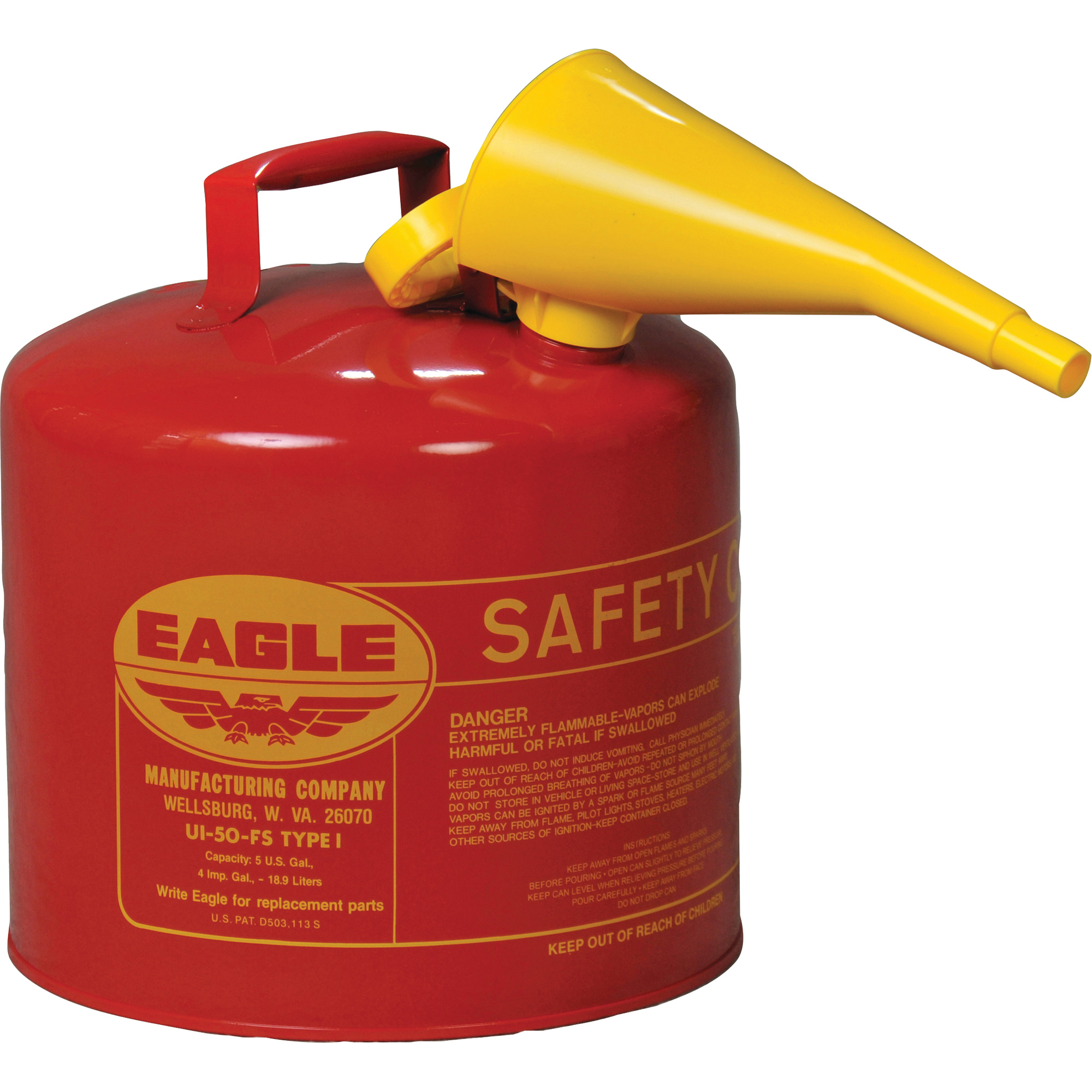 Bidon de sécurité pour les produits inflammables avec entonnoir, Type I, Acier galvanisé, 5 gal. US, Rouge, Homologué FM/Listé UL/ULC