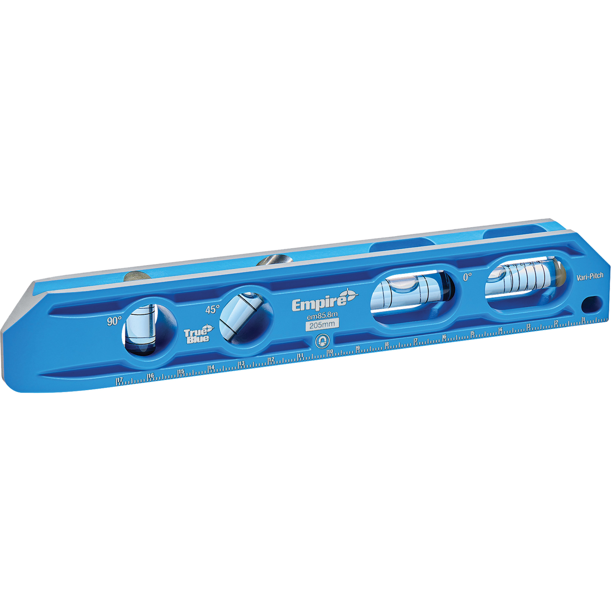 Niveau torpille moulé sous pression TRUE BLUEMD, 8" lo, Aluminium, 4 fioles, Magnétique
