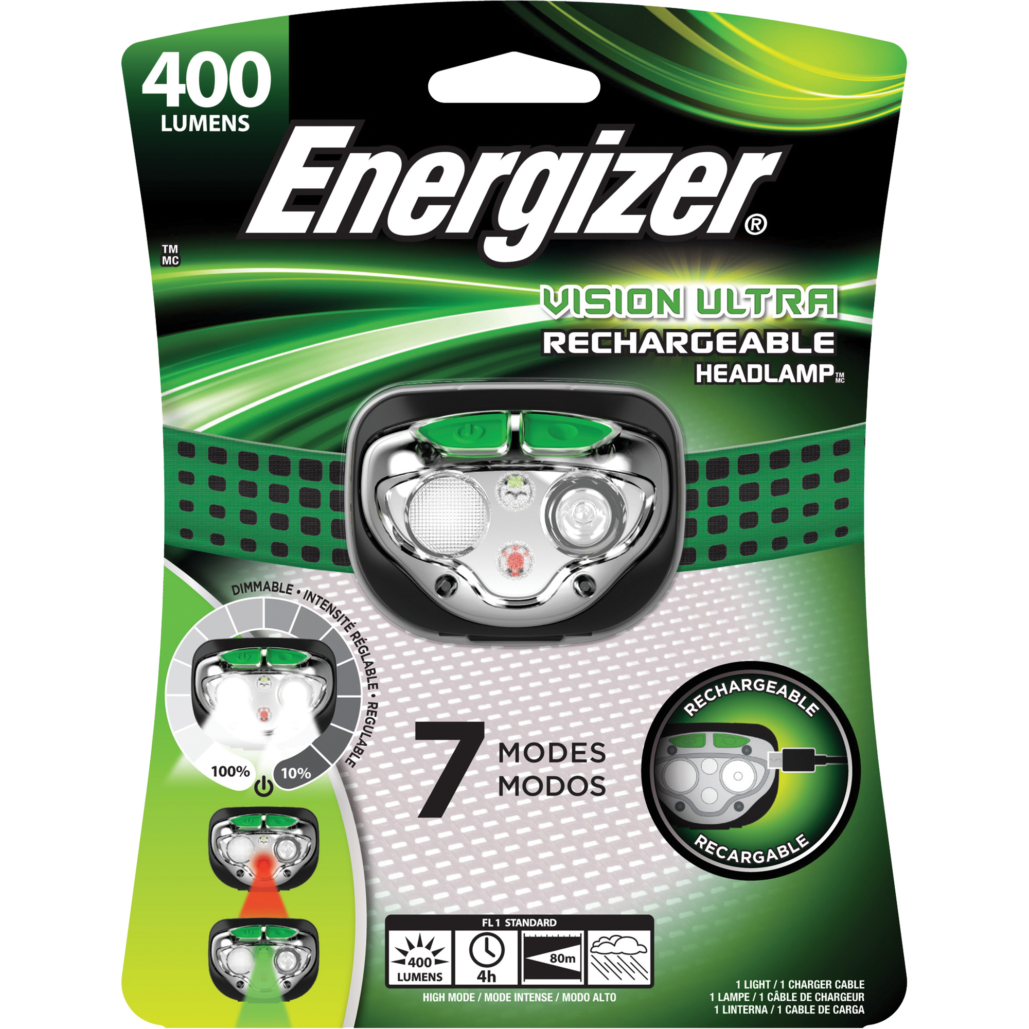 Lampe frontale Vision Ultra, DEL, 400 lumens, 4 hres de fonctionnement, piles Rechargeable