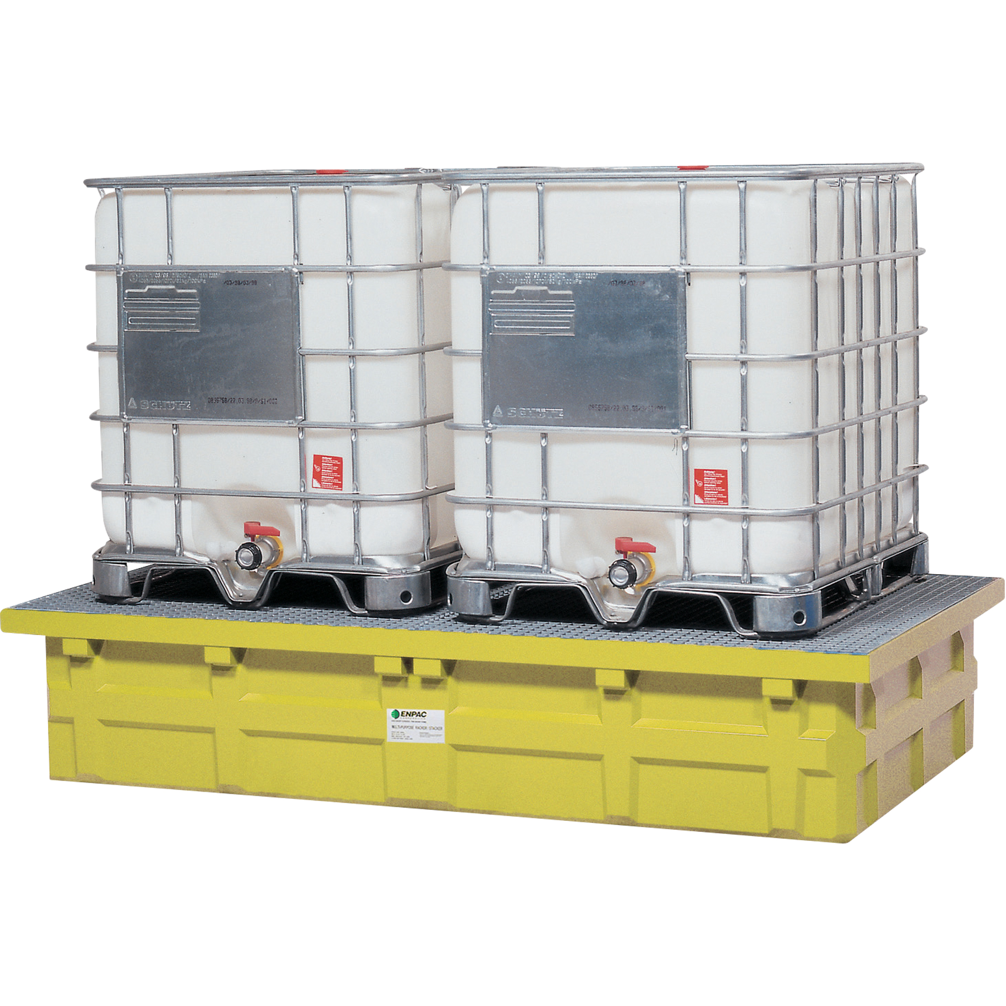 GRV double à dessus bas avec drain, Capacité de déversement 385 gal. US, 110" x 55" x 20"