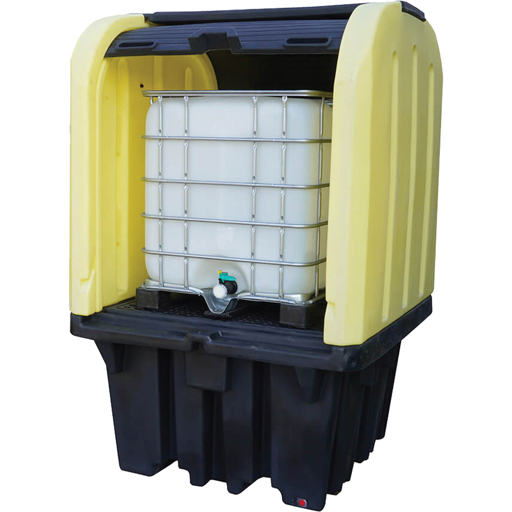 Palette anti-déversement jaune à couvercle rigide roulant avec drain, 65" lo x 65" la x 101" h, Capacité de charge 5000 lb