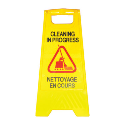Enseigne de sécurité "Cleaning in Progress/Nettoyage en Cours", Bilingue avec pictogramme