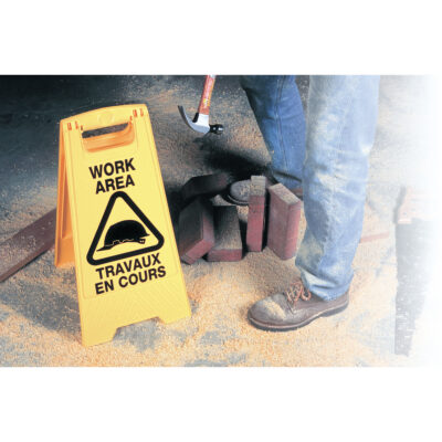 Enseigne de sécurité "Work Area/Travaux en Cours", Bilingue avec pictogramme