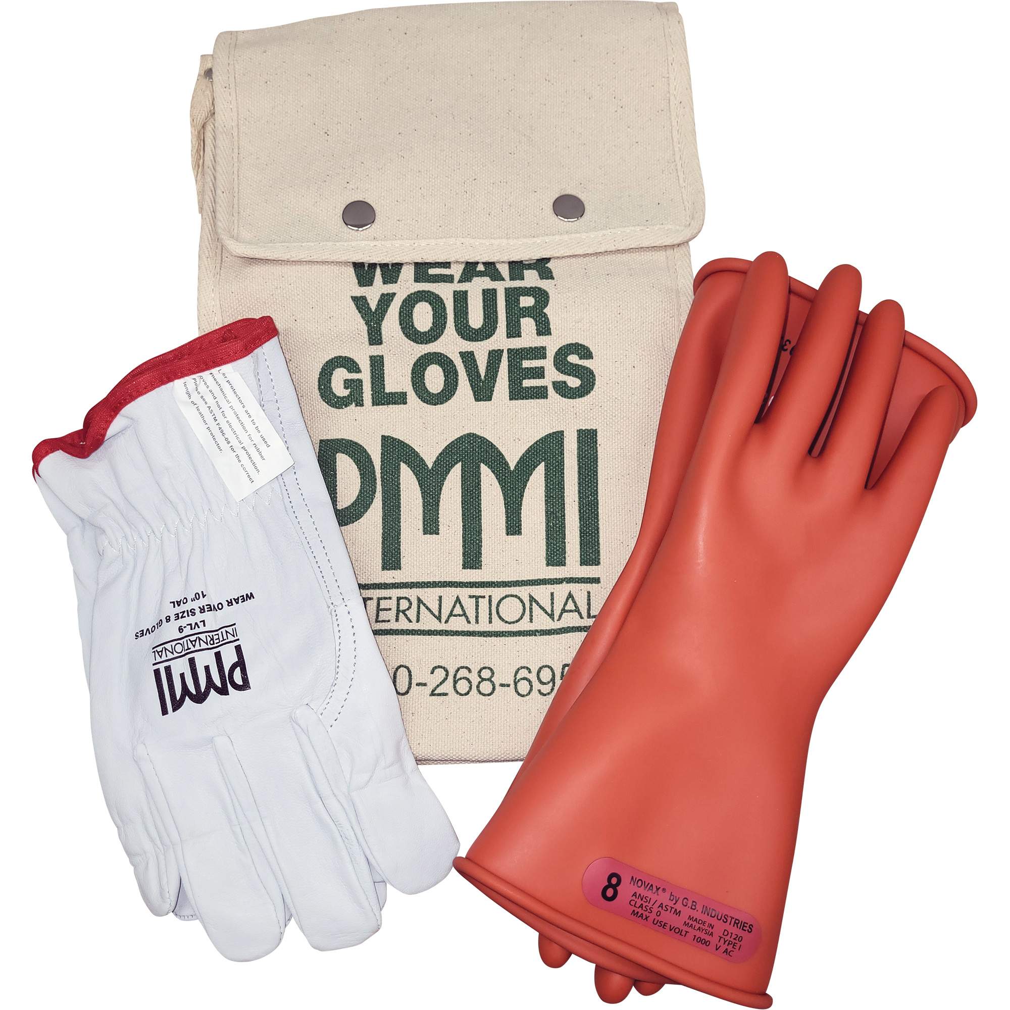 Ensemble de gants isolants en caoutchouc pour l'électricité, ASTM classe 0, Taille 8, 11" lo