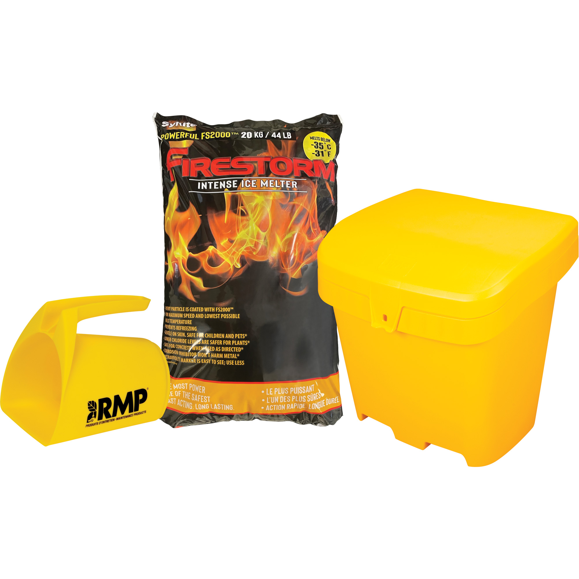 Ensemble de produit de déglaçage intense FirestormMC avec 56 sacs, Sac, 44 lb (20 kg), Point de fonte -32°C (-25°F)