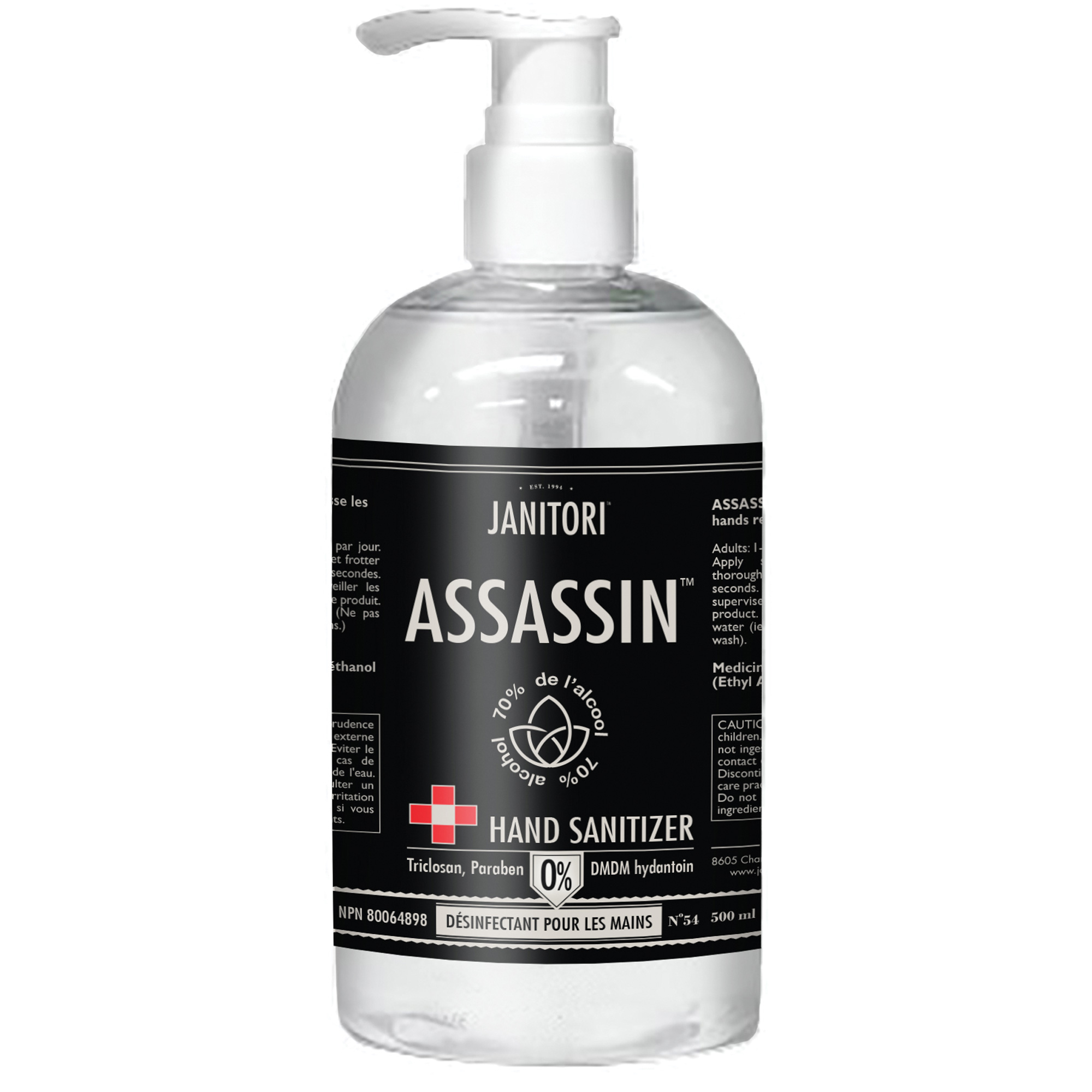Désinfectant pour les mains 54 Assassin, 500 ml, Bouteille à pompe, 70 % alcool