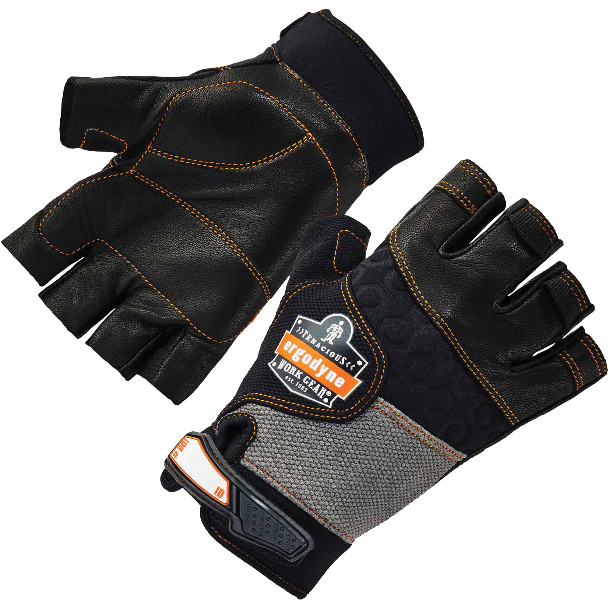 Gants demi-doigts en cuir réduisant les impacts ProFlex 901, 2T-Grand, Paume en Cuir fleur, Poignet Boucle et crochet