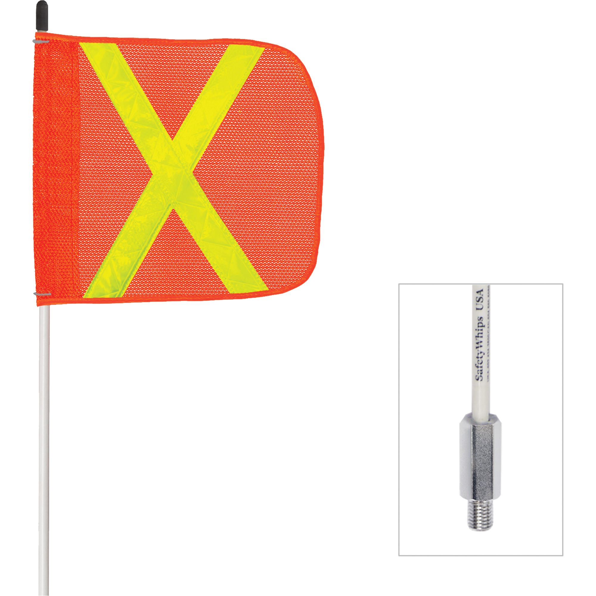Fanion à tige en fibre de verre non alimenté Safety WhipMD, Fixation Fileté, Hauteur 6', Orange avec X réfléchissant