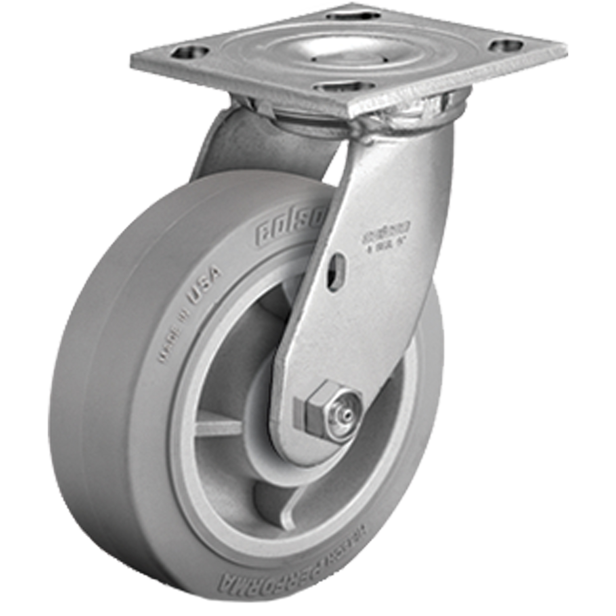 Roulette avec plaque, Pivotant, 4" (101,6 mm), Caoutchouc, 225 lb (102 kg)